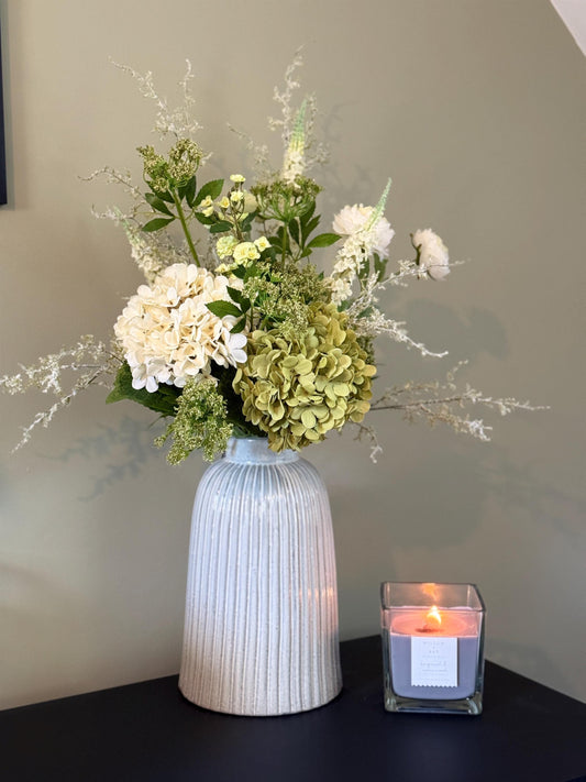 Daphne Faux Flower Arrangement | Luxury White & Green Hydrangea Display