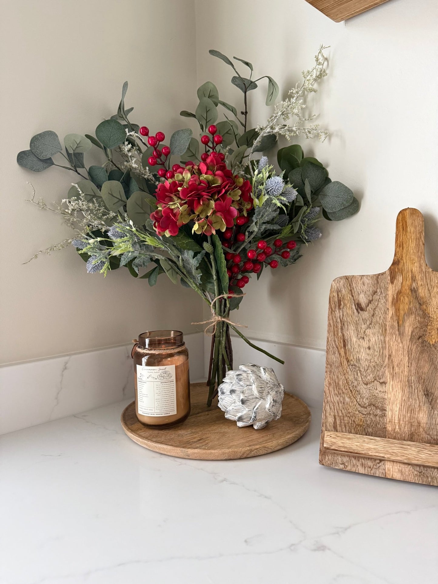 Faux Eucalyptus & Red Hydrangea Bouquet | Artificial Winter Floral Arrangement | Cosy Neutral Home Decor Gift | Faux Flowers - NalaWillowCo