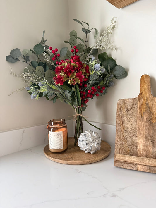 Faux Eucalyptus & Red Hydrangea Bouquet | Artificial Winter Floral Arrangement | Cosy Neutral Home Decor Gift | Faux Flowers - NalaWillowCo