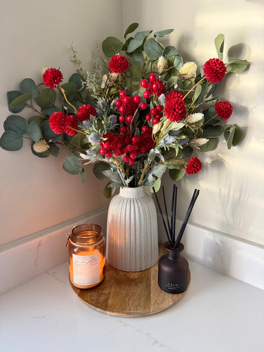 Handtied Eucalyptus & Red Pom Pom and Berry Blue Thistle Bouquet - NalaWillowCo