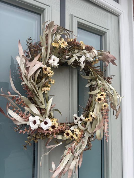 Neutral Dried - Flower Wreath for Front Door – Rustic & Soft Blush Eucalyptus & Cream Floral Wreath - NalaWillowCo