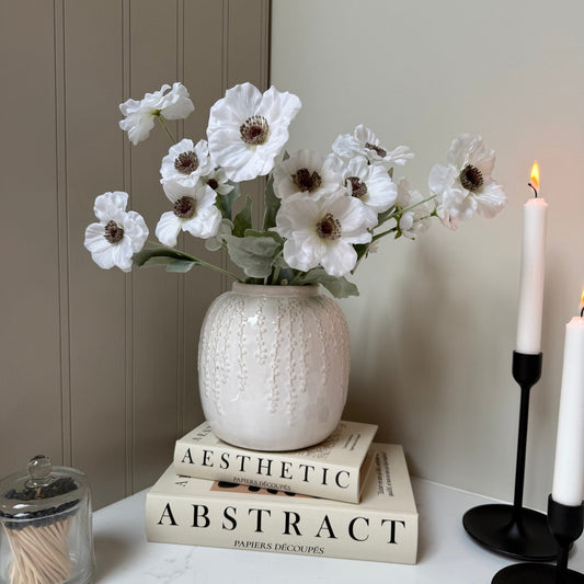 Small Cream Floral Detail Vase with Poppy Stems - NalaWillowCo