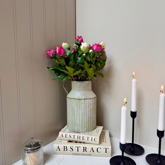 Vintage Ribbed Zinc Jug with Real Touch Peony Buds - NalaWillowCo