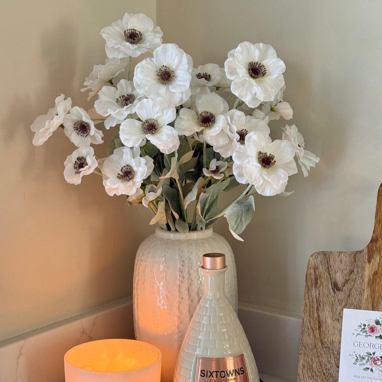 Medium Cream Floral Detail Vase with Poppy Stems