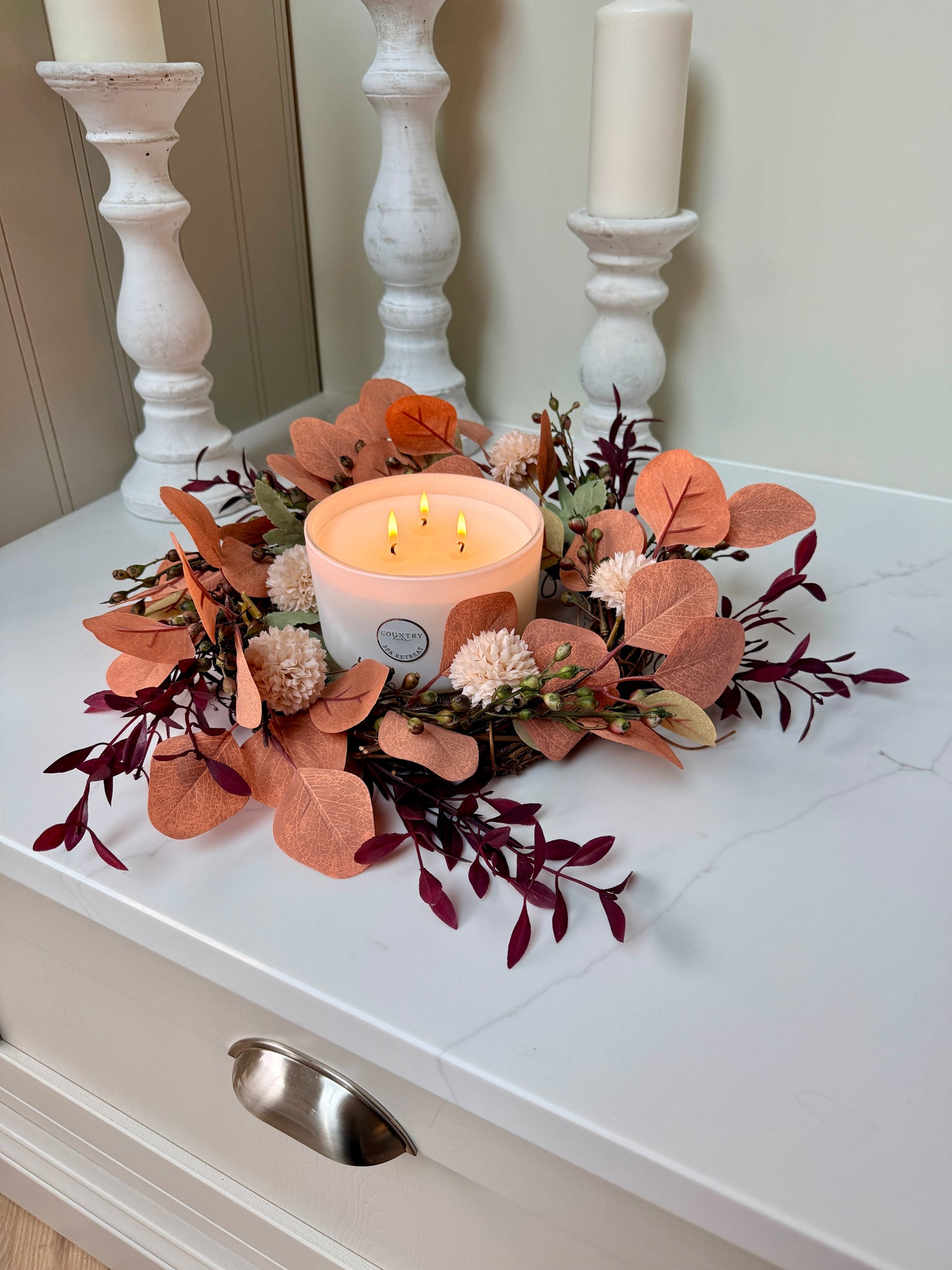 Autumn Eucalyptus Candle  Door Wreath – Burnt Orange & Blush Faux Floral Arrangement’s Red