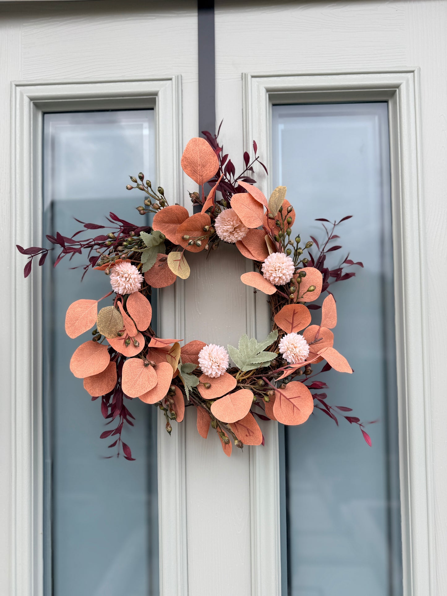 Autumn Eucalyptus Candle  Door Wreath – Burnt Orange & Blush Faux Floral Arrangement’s Red