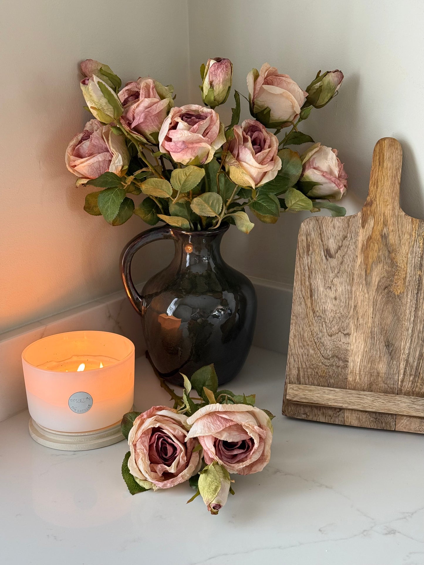 Dusky Pink Rose Spray & Green Vase