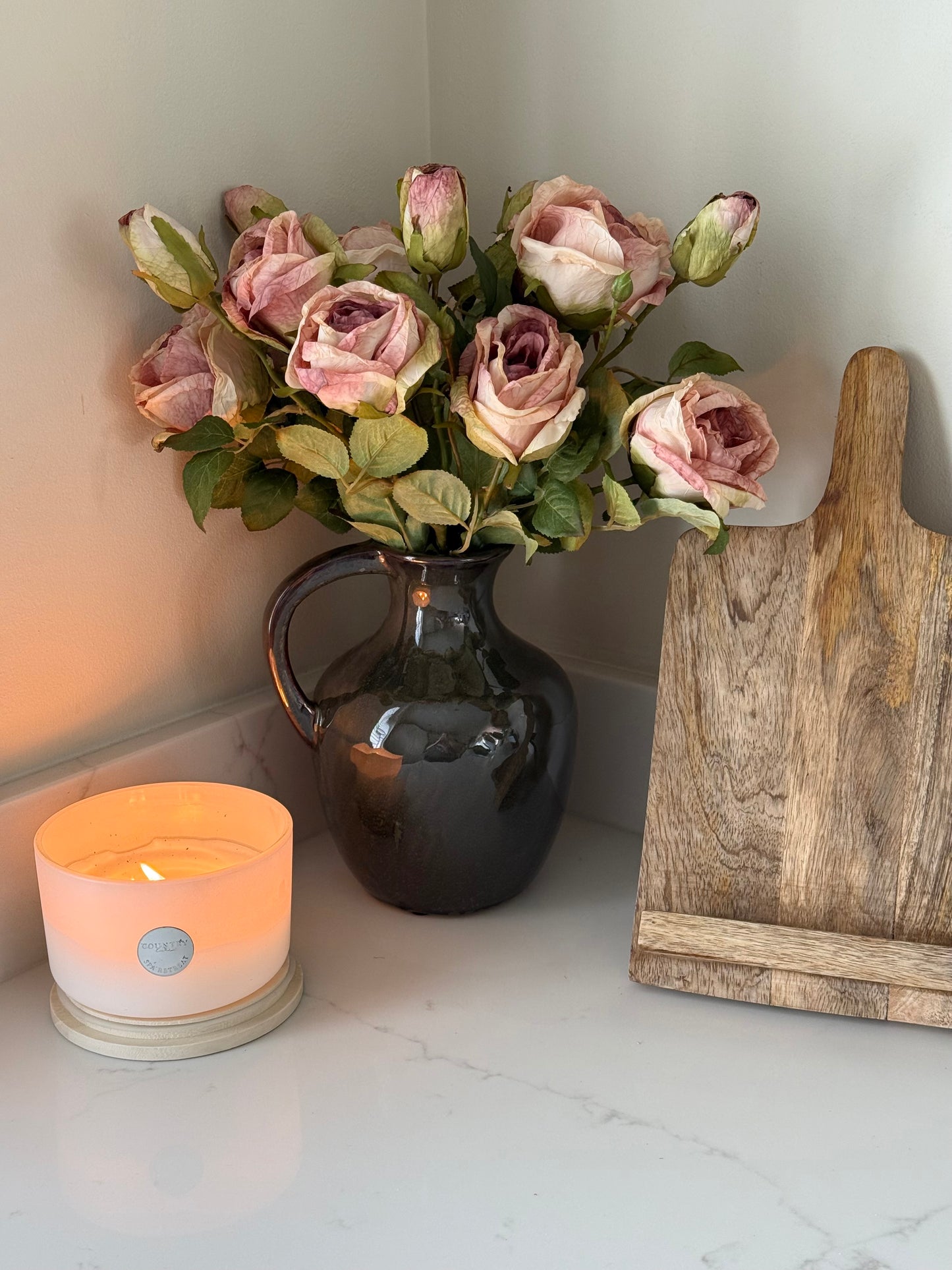 Dusky Pink Rose Spray & Green Vase