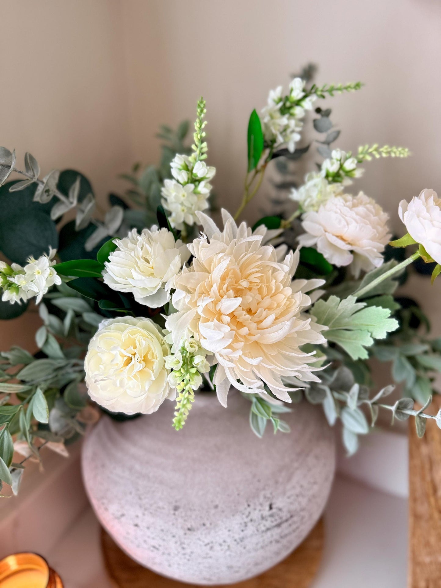 White Wedding Handmade Faux Flower Arrangement | Luxury White & Green Eucalyptus Display