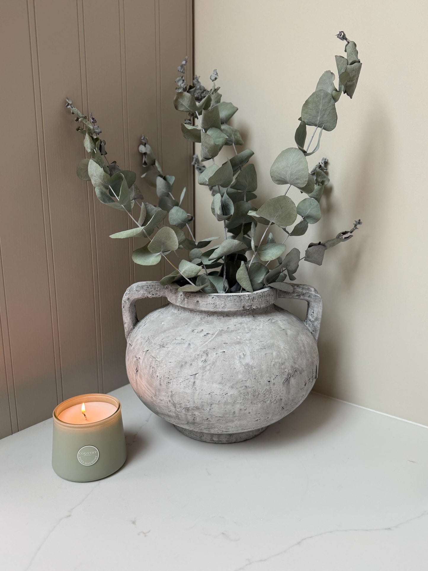 Rustic Stone Vase with Handles Distressed Concrete Finish
