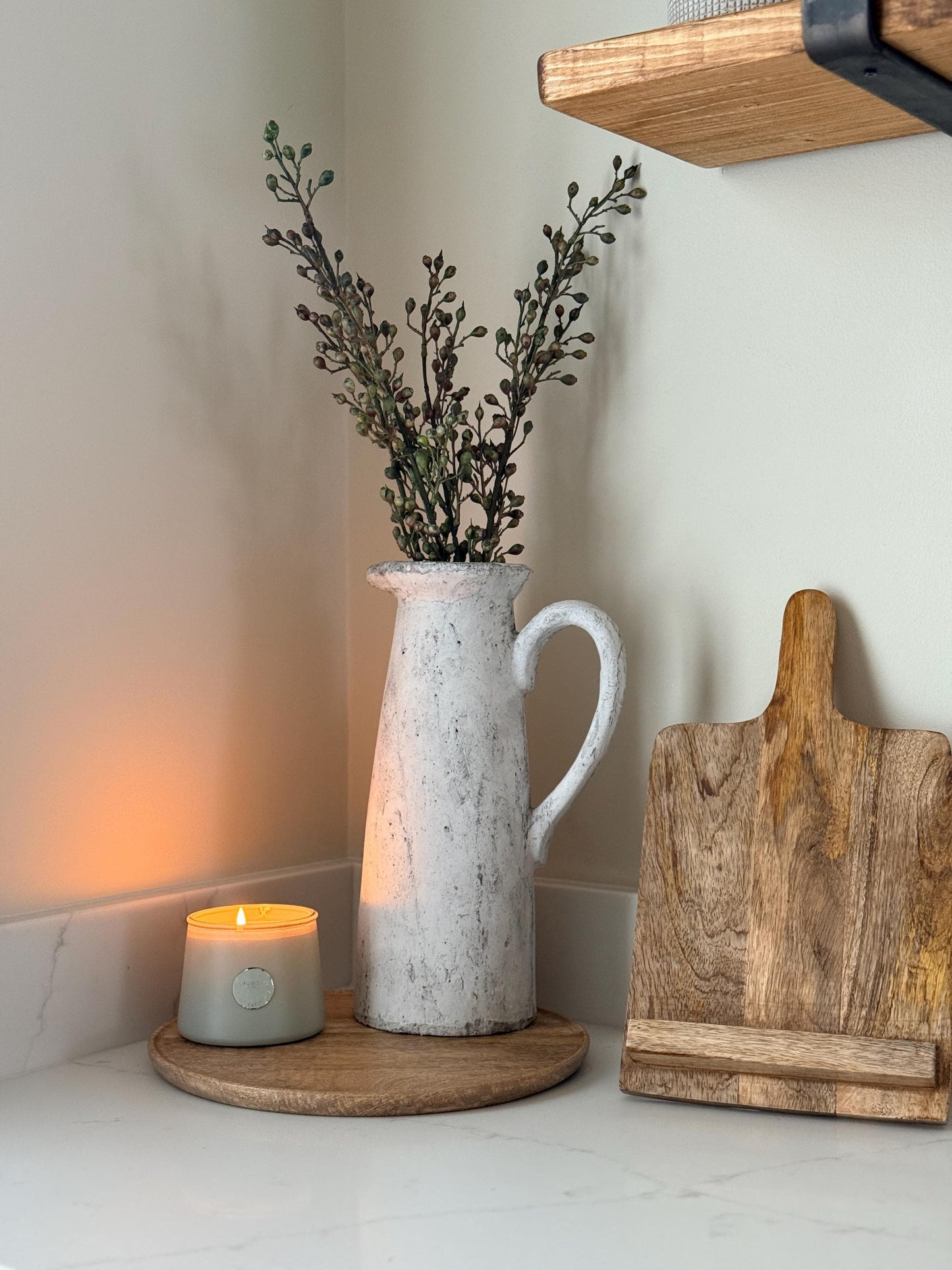 Tall Rustic Stone Jug Vase – Distressed Grey Concrete Effect with Autumn Berry Stems