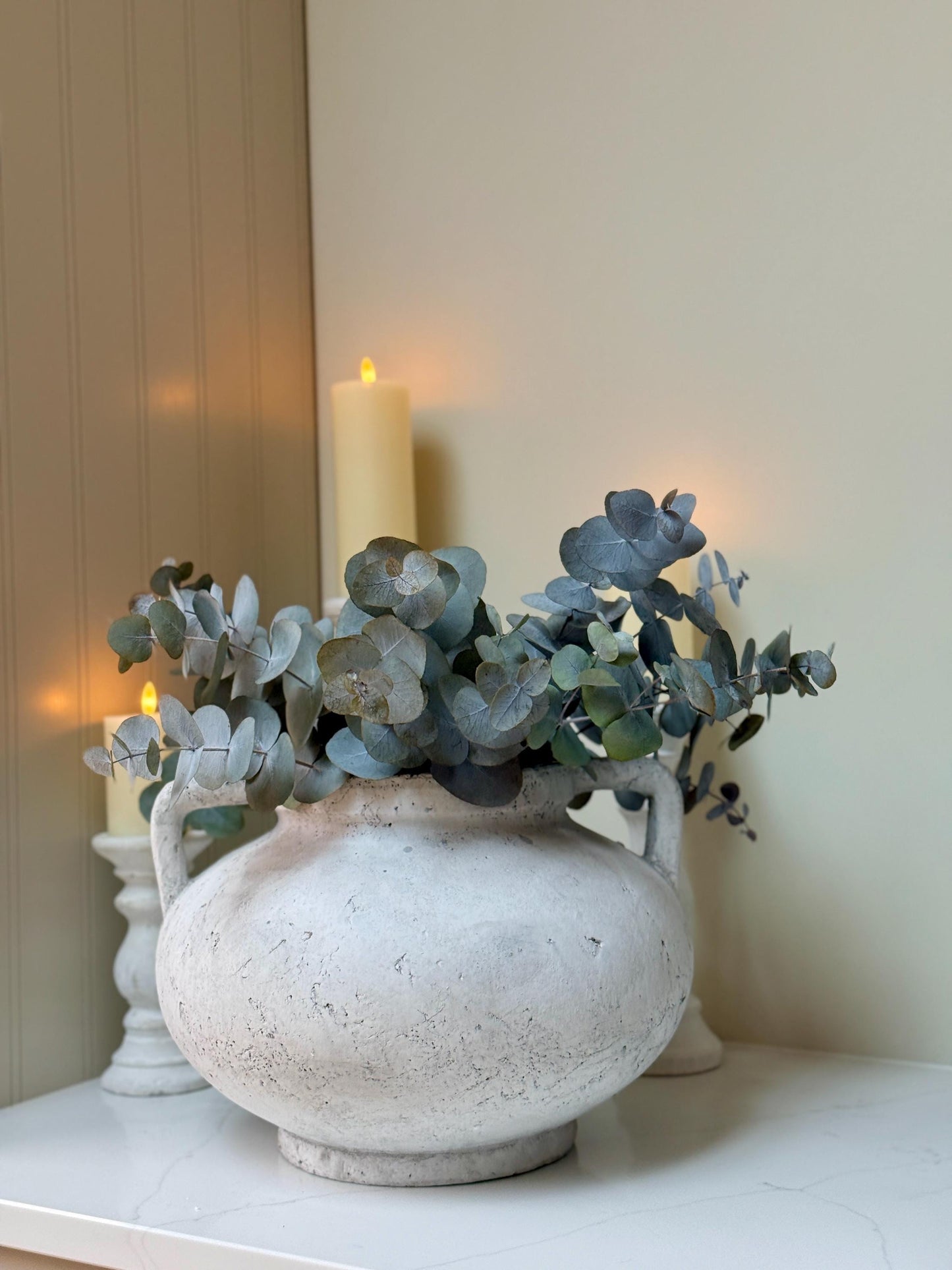 Large Rustic Stone Vase with Handles: Distressed Grey Concrete Finish