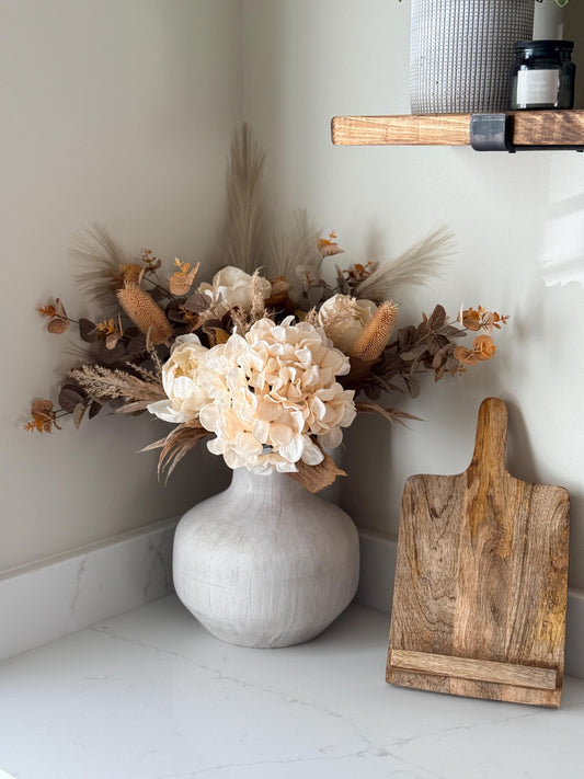 Sophia | Handmade Autumn Dried Look Boho Faux Flower Arrangement with Peonies, Hydrangea, Pampas & Eucalyptus | Neutral Wedding Flowers