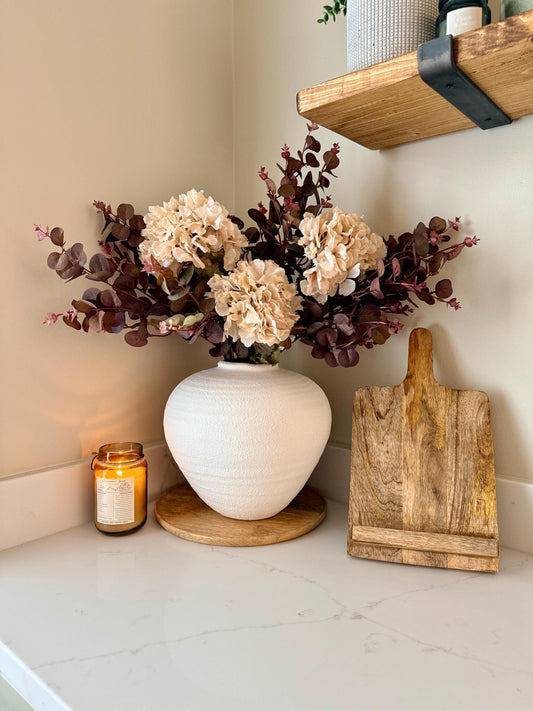 Handmade Luxury Silk Autumn Floral Arrangement | Burgundy and Blush Dried Hydrangea Artificial Flower Bouquet with White Vase - "Nala"