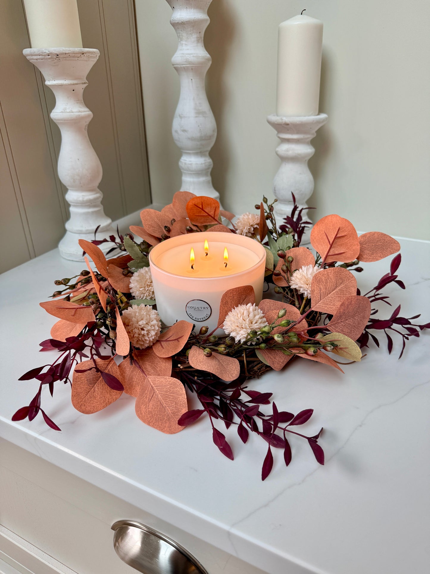 Autumn Eucalyptus Candle  Door Wreath – Burnt Orange & Blush Faux Floral Arrangement’s Red