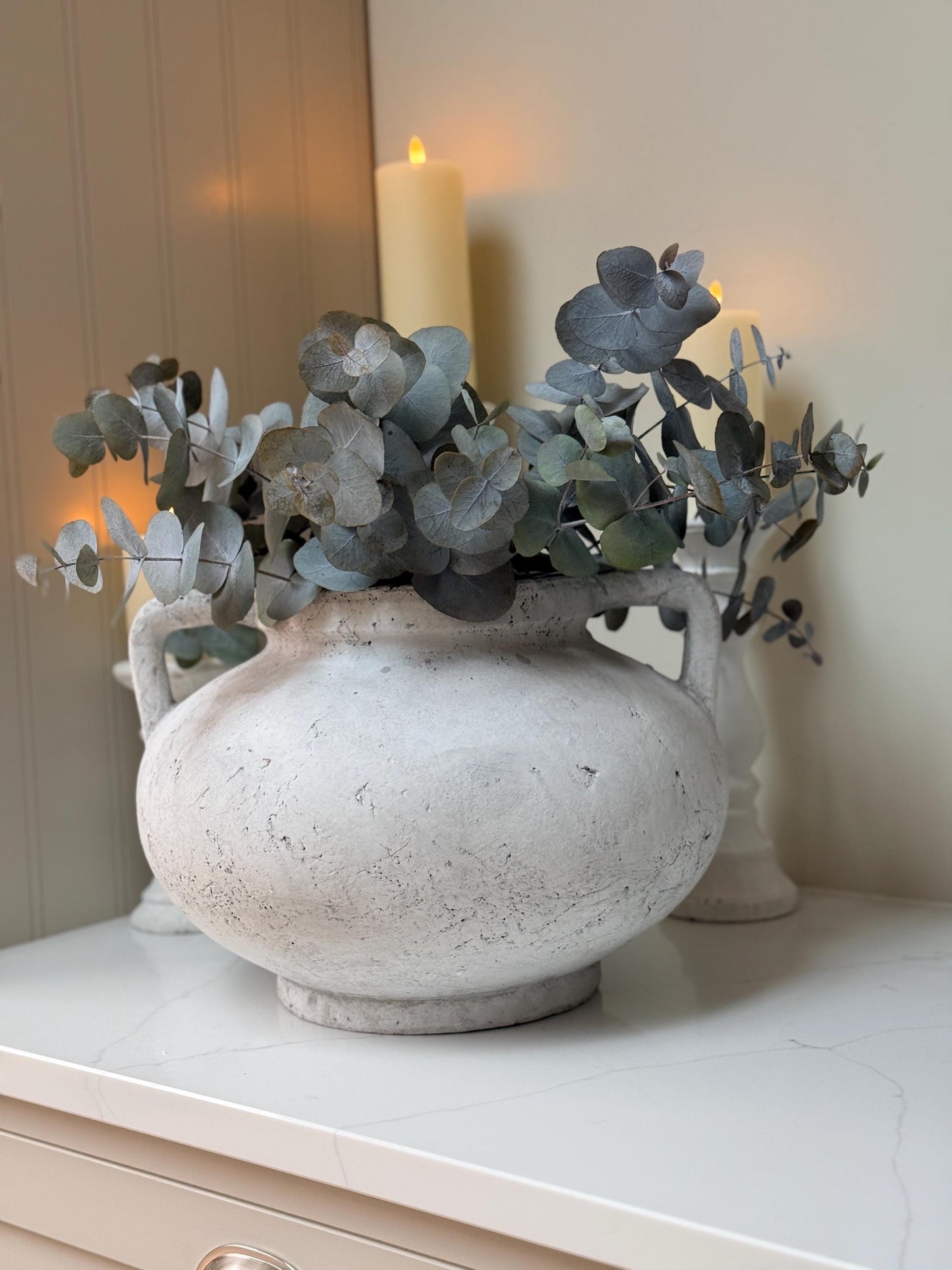 Large Rustic Stone Vase with Handles: Distressed Grey Concrete Finish