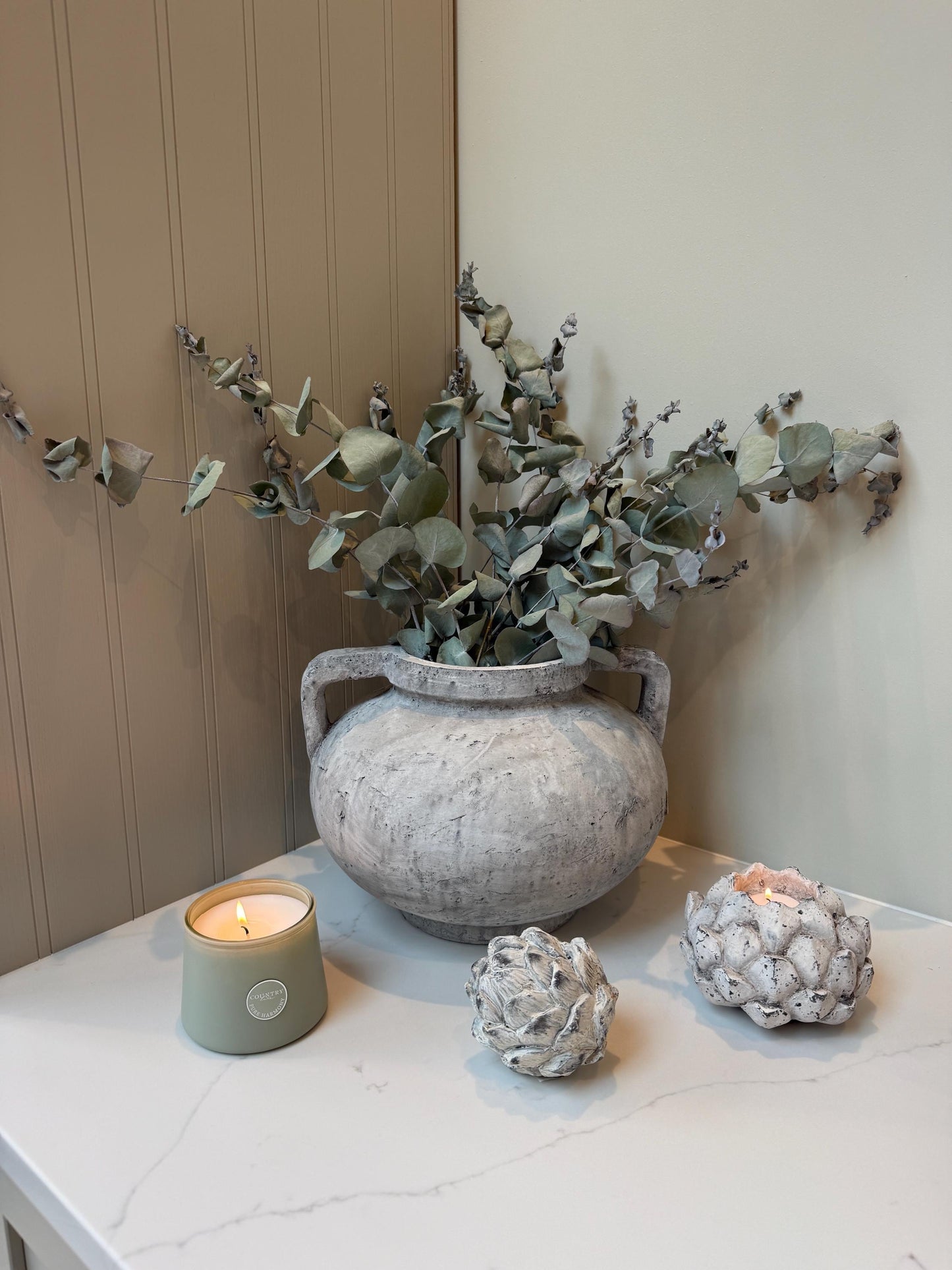 Rustic Stone Vase with Handles Distressed Concrete Finish