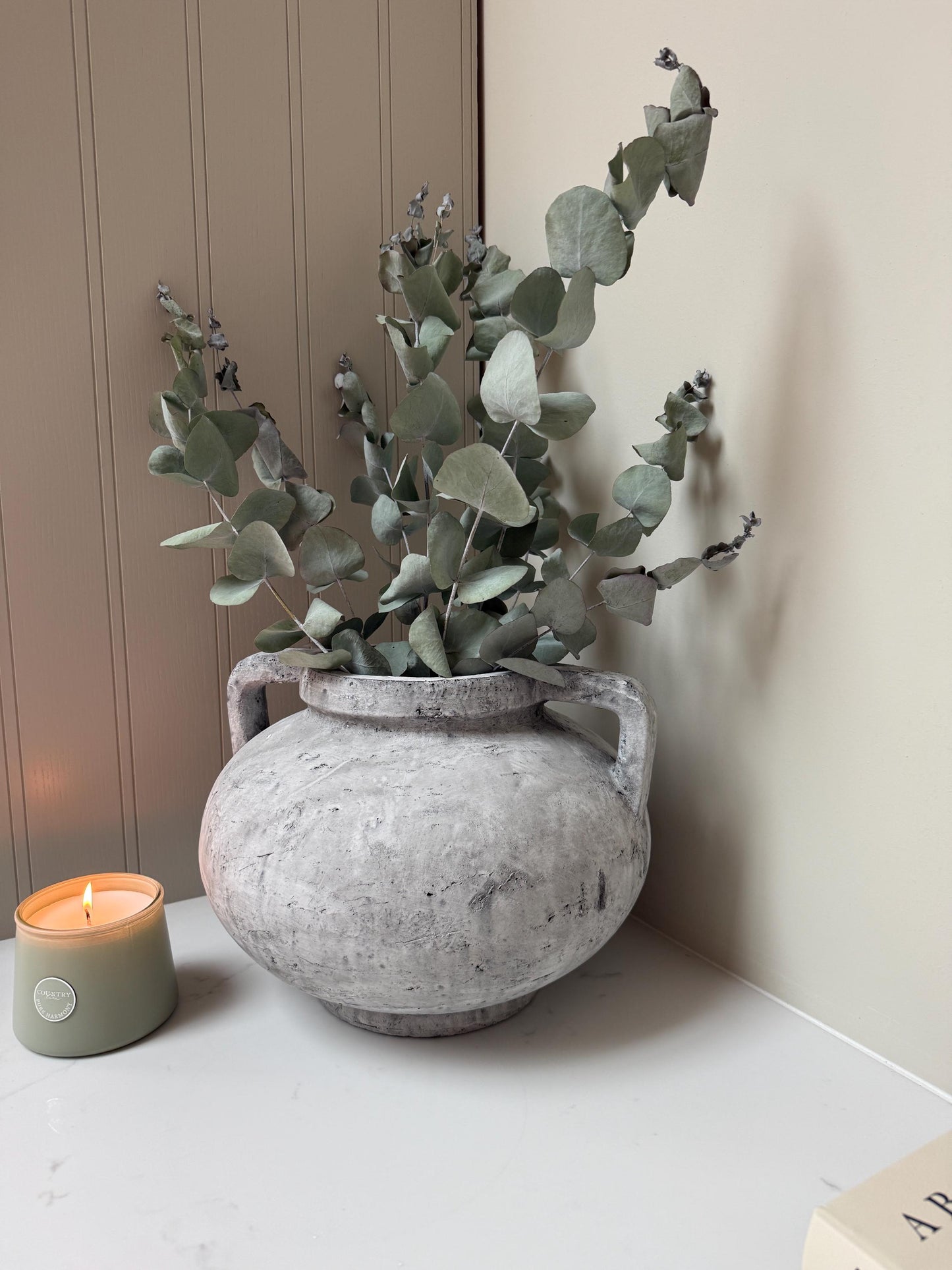 Rustic Stone Vase with Handles Distressed Concrete Finish