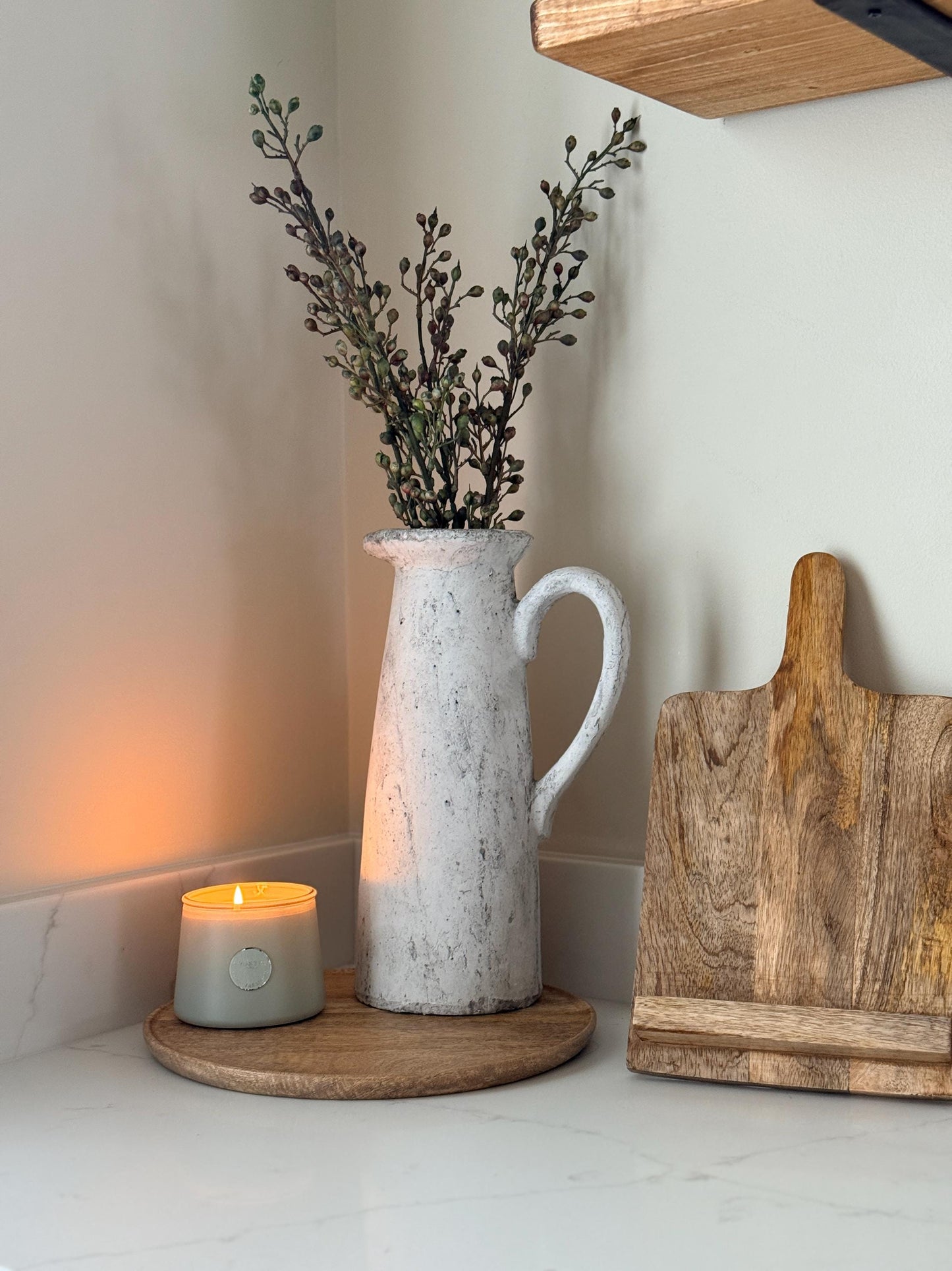 Tall Rustic Stone Jug Vase – Distressed Grey Concrete Effect with Autumn Berry Stems