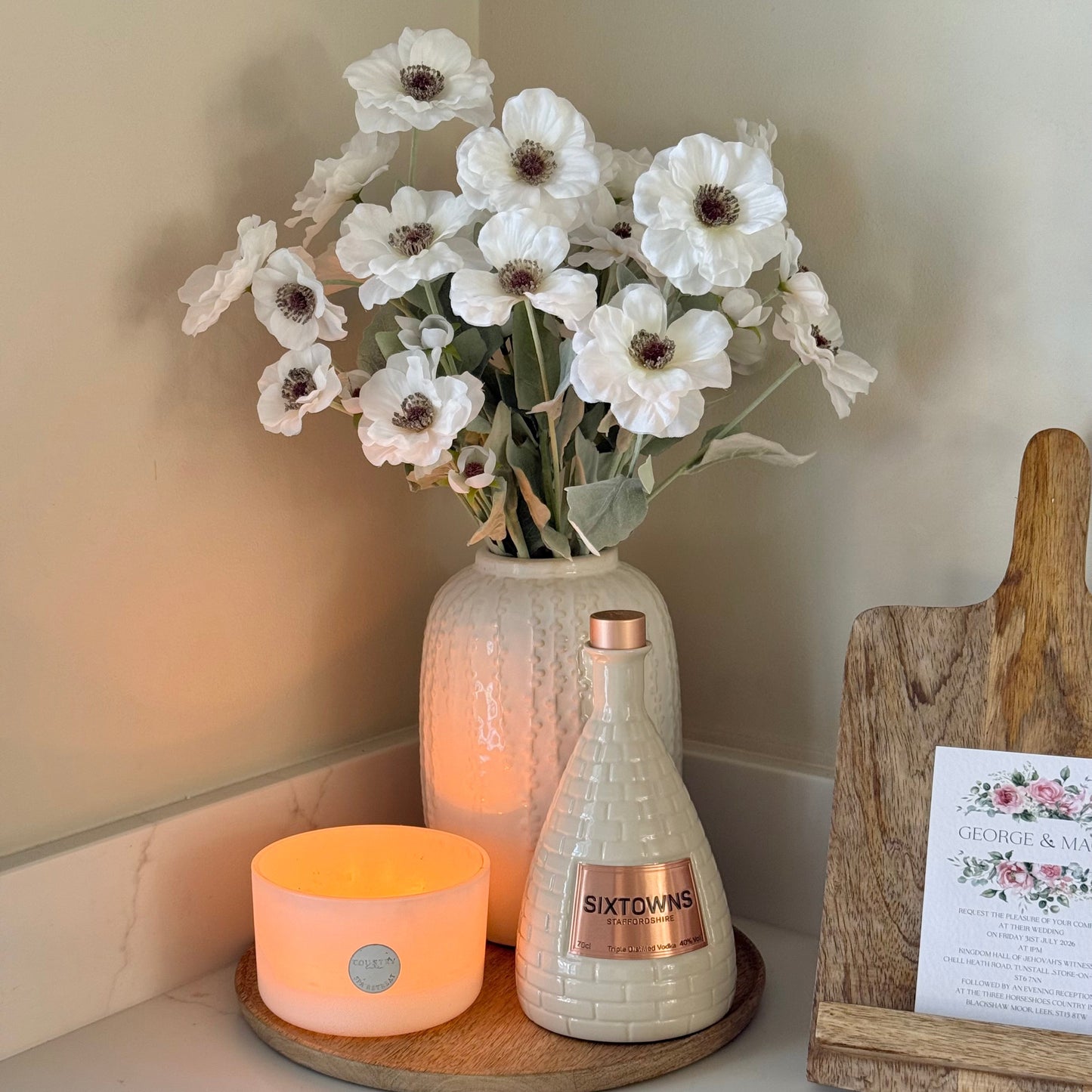 Medium Cream Floral Detail Vase with Poppy Stems