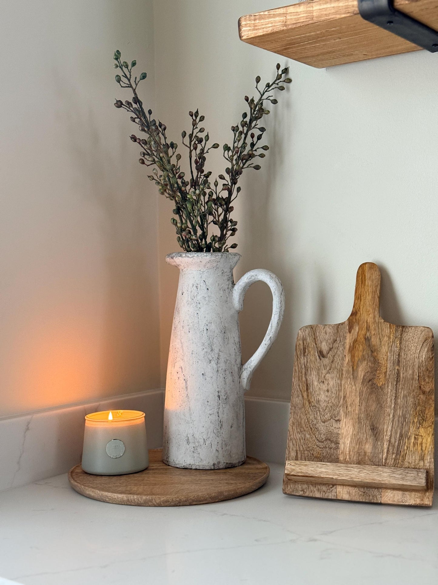 Tall Rustic Stone Jug Vase – Distressed Grey Concrete Effect with Autumn Berry Stems