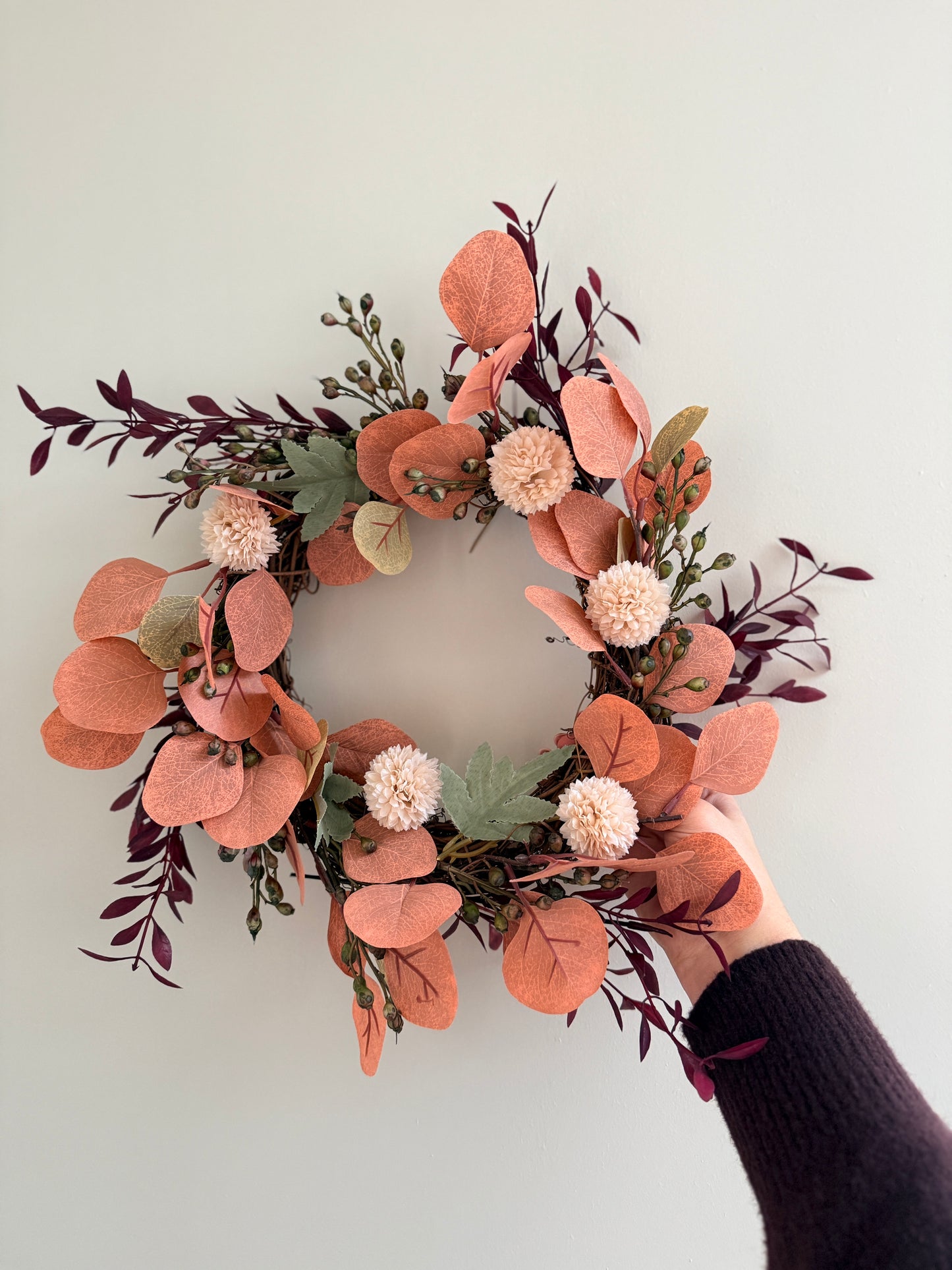 Autumn Eucalyptus Candle  Door Wreath – Burnt Orange & Blush Faux Floral Arrangement’s Red