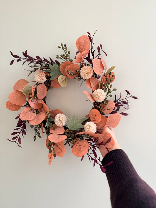 Autumn Eucalyptus Candle  Door Wreath – Burnt Orange & Blush Faux Floral Arrangement’s Red