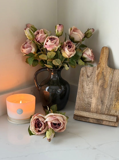 Dusky Pink Rose Spray & Green Vase