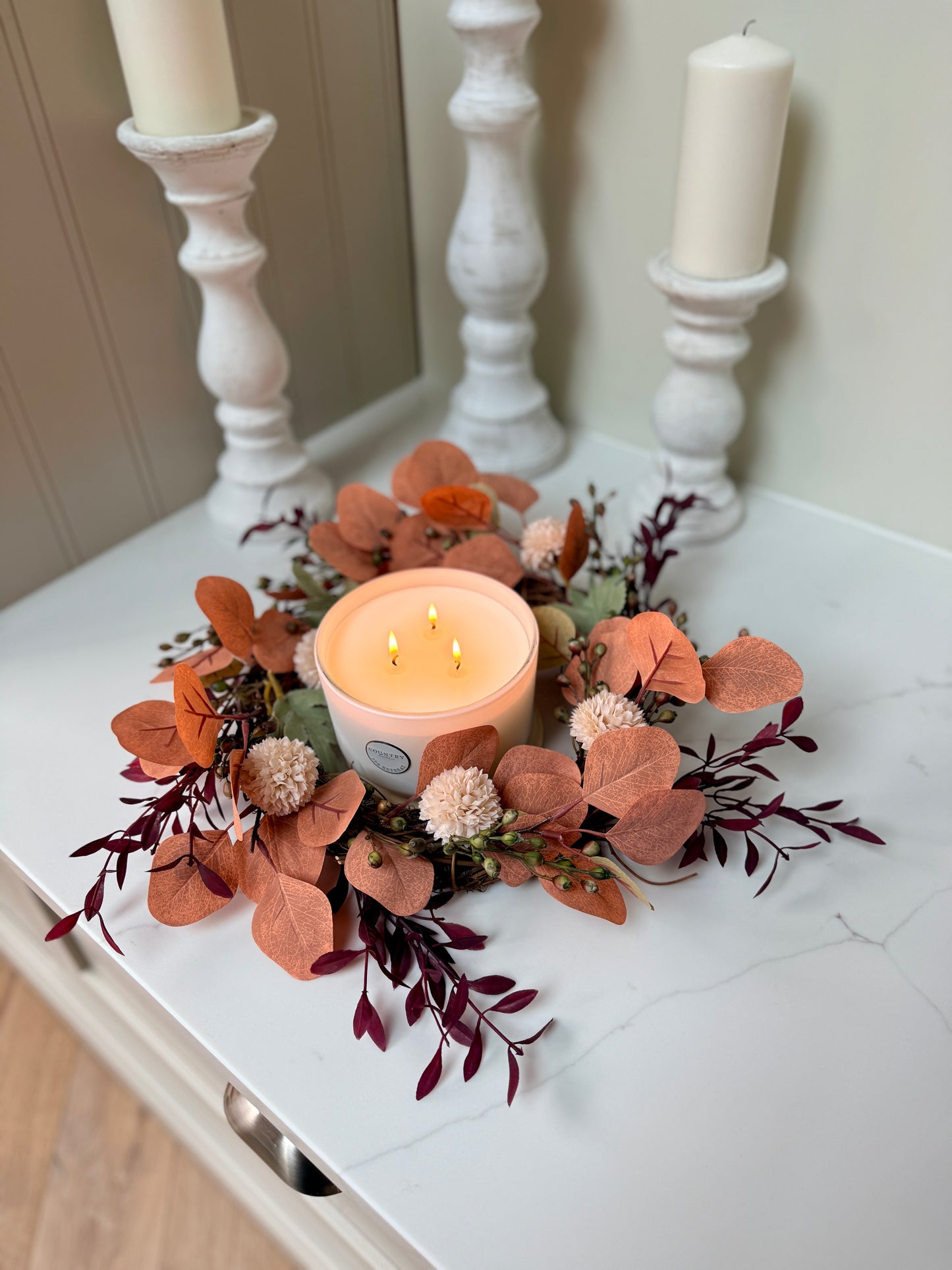 Autumn Eucalyptus Candle  Door Wreath – Burnt Orange & Blush Faux Floral Arrangement’s Red