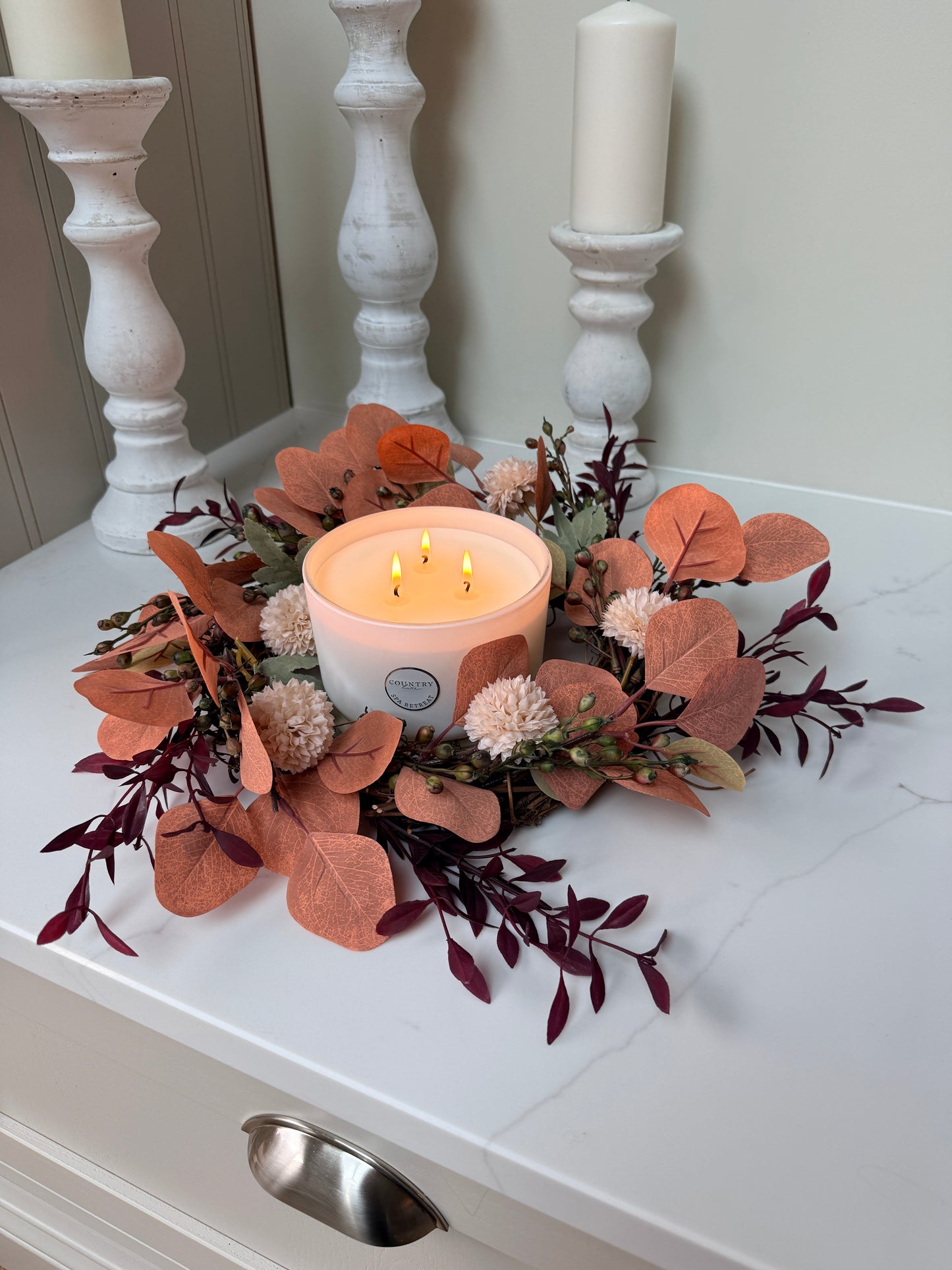 Autumn Eucalyptus Candle  Door Wreath – Burnt Orange & Blush Faux Floral Arrangement’s Red