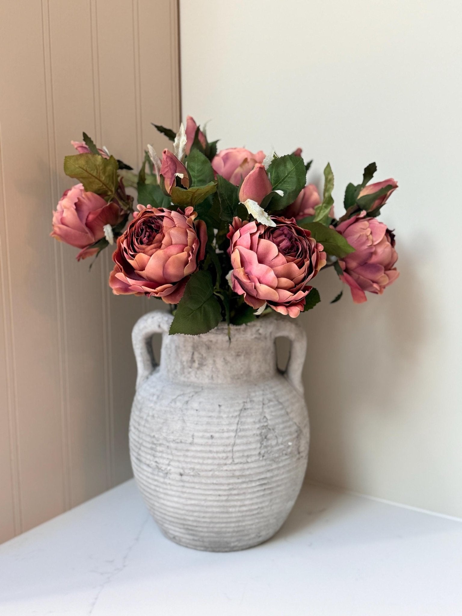 Athena Stone Amphora Pot – Rustic Stone Effect Decorative Vase with Handles - NalaWillowCo