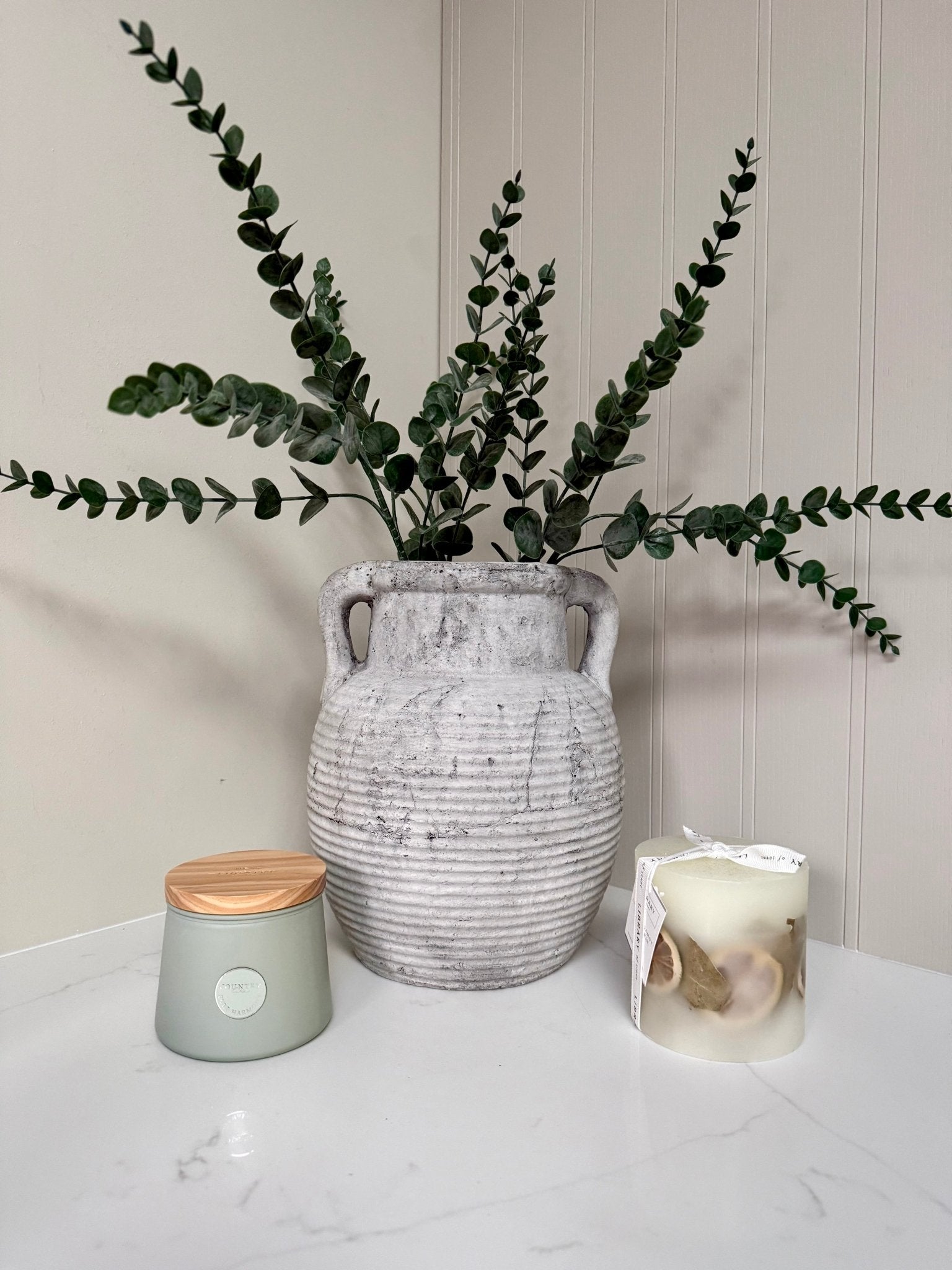 Athena Stone Amphora Pot – Rustic Stone Effect Decorative Vase with Handles - NalaWillowCo