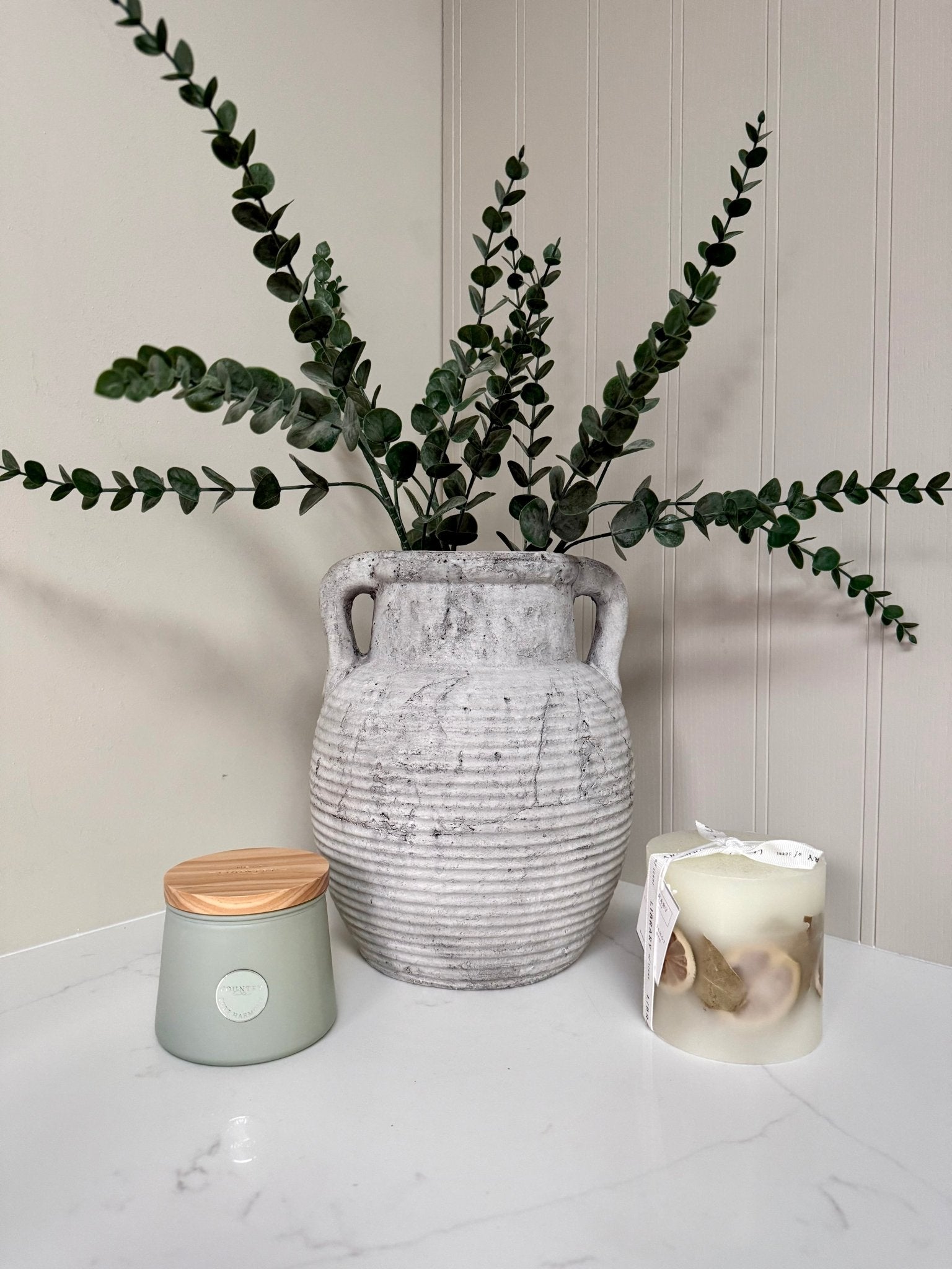 Athena Stone Amphora Pot – Rustic Stone Effect Decorative Vase with Handles - NalaWillowCo