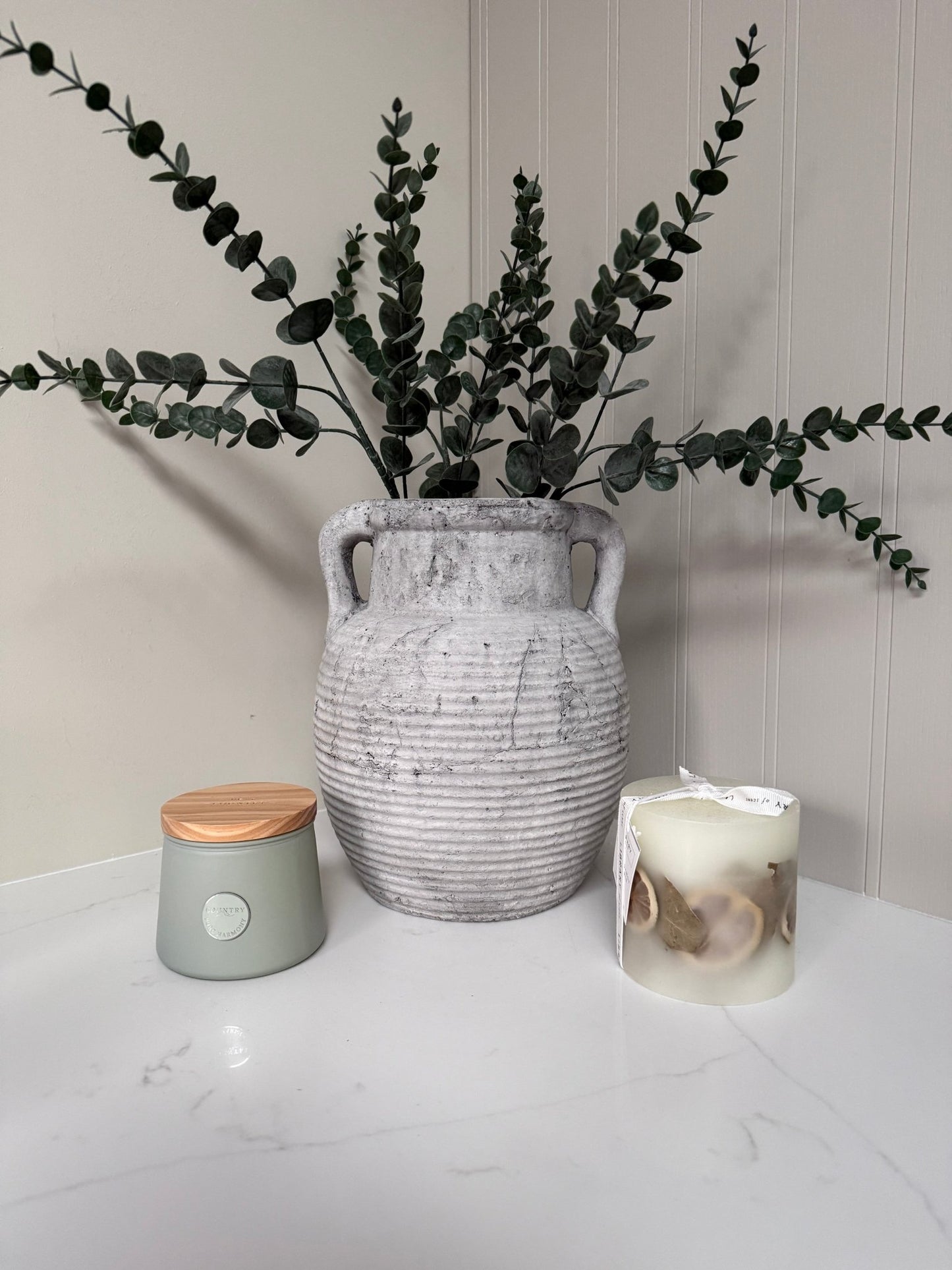 Athena Stone Amphora Pot – Rustic Stone Effect Decorative Vase with Handles - NalaWillowCo