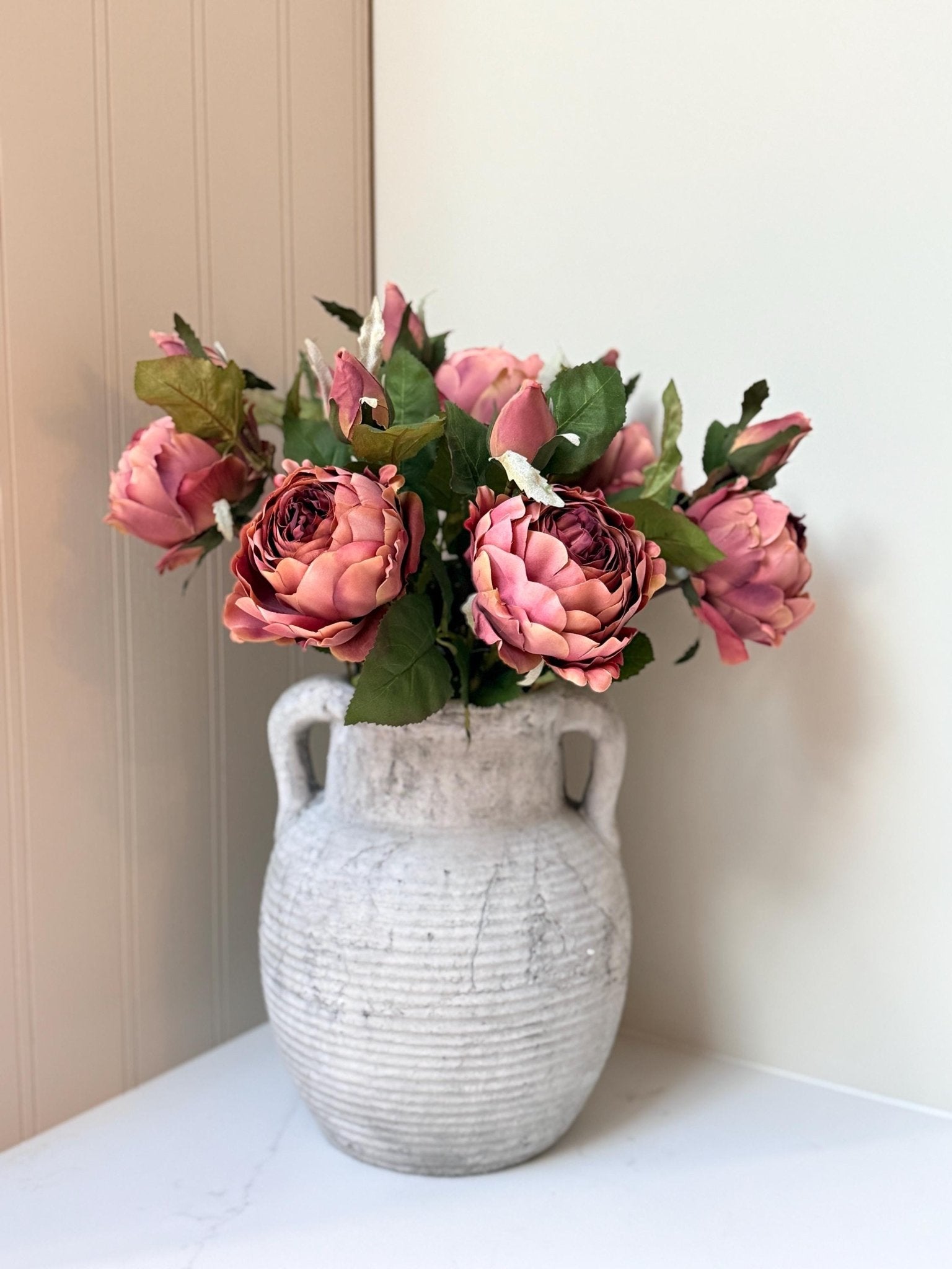 Athena Stone Amphora Pot – Rustic Stone Effect Decorative Vase with Handles - NalaWillowCo