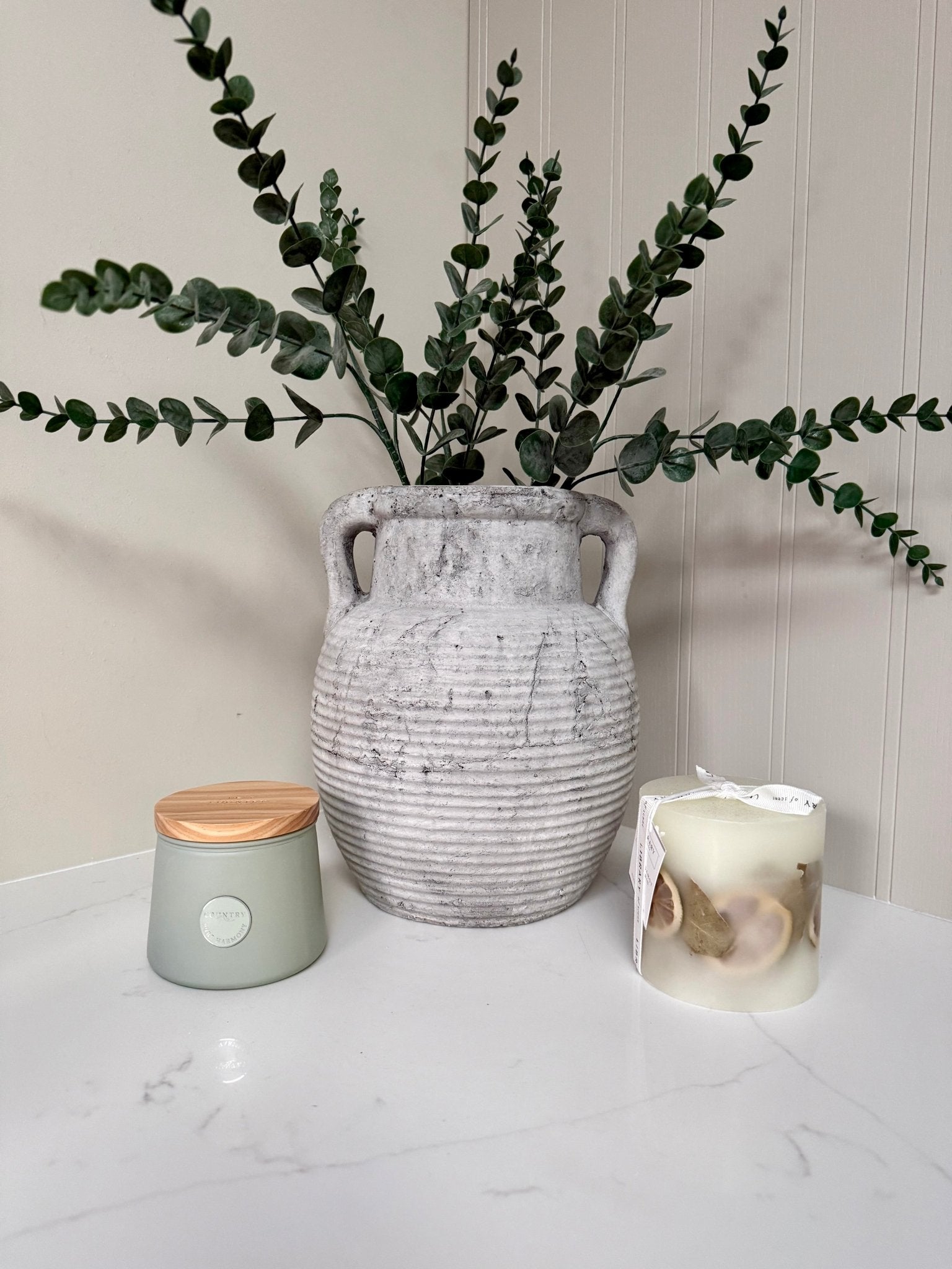 Athena Stone Amphora Pot – Rustic Stone Effect Decorative Vase with Handles - NalaWillowCo