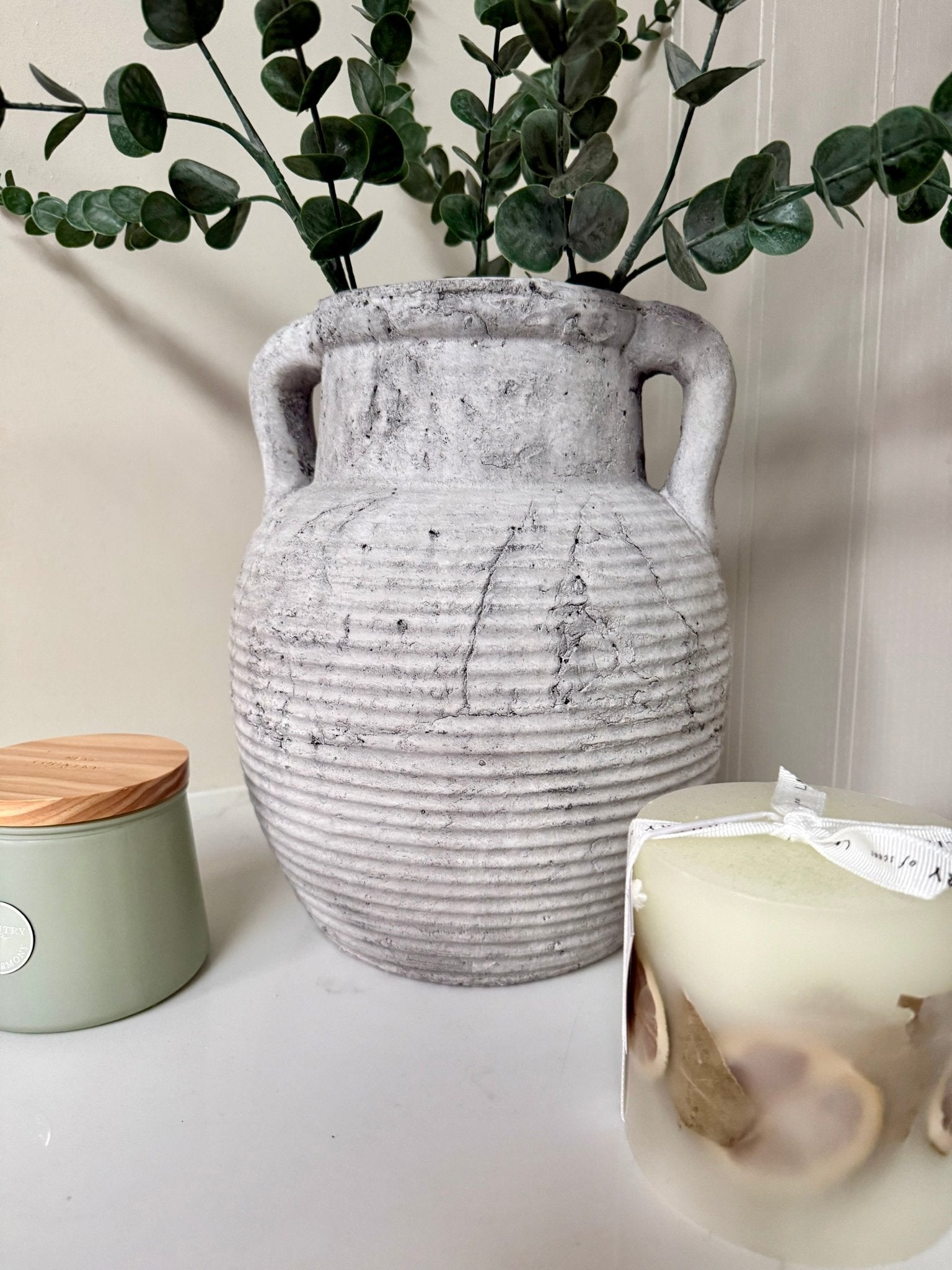 Athena Stone Amphora Pot – Rustic Stone Effect Decorative Vase with Handles - NalaWillowCo
