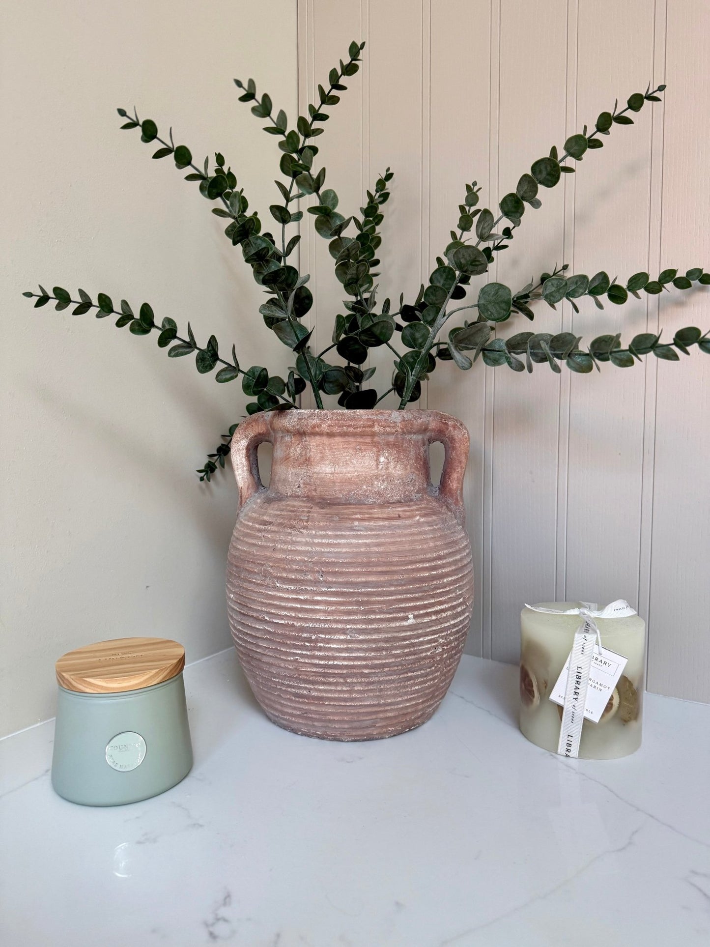 Athena Stone Amphora Terracotta Pot – Rustic Stone Effect Decorative Vase with Handles - NalaWillowCo