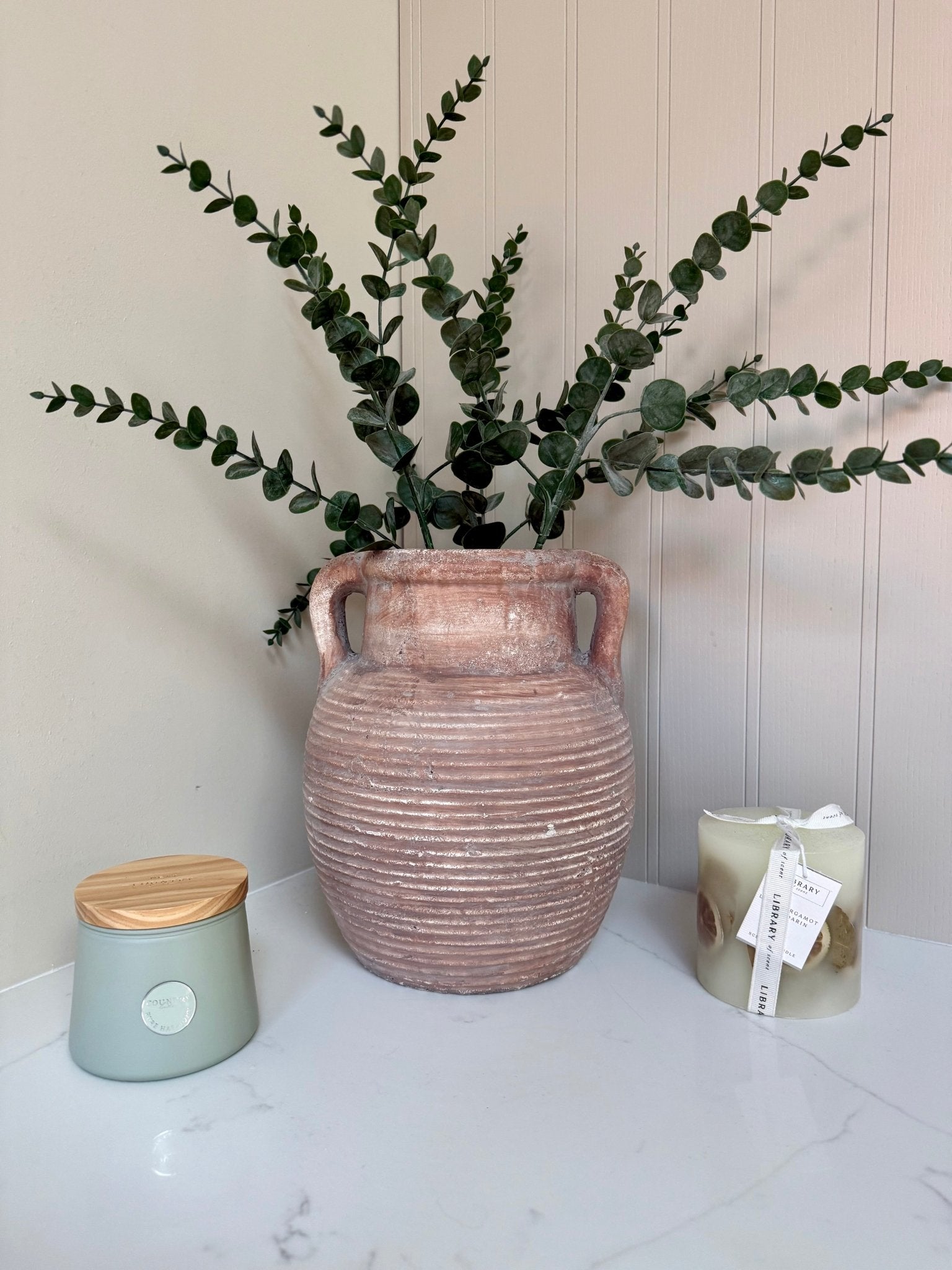 Athena Stone Amphora Terracotta Pot – Rustic Stone Effect Decorative Vase with Handles - NalaWillowCo