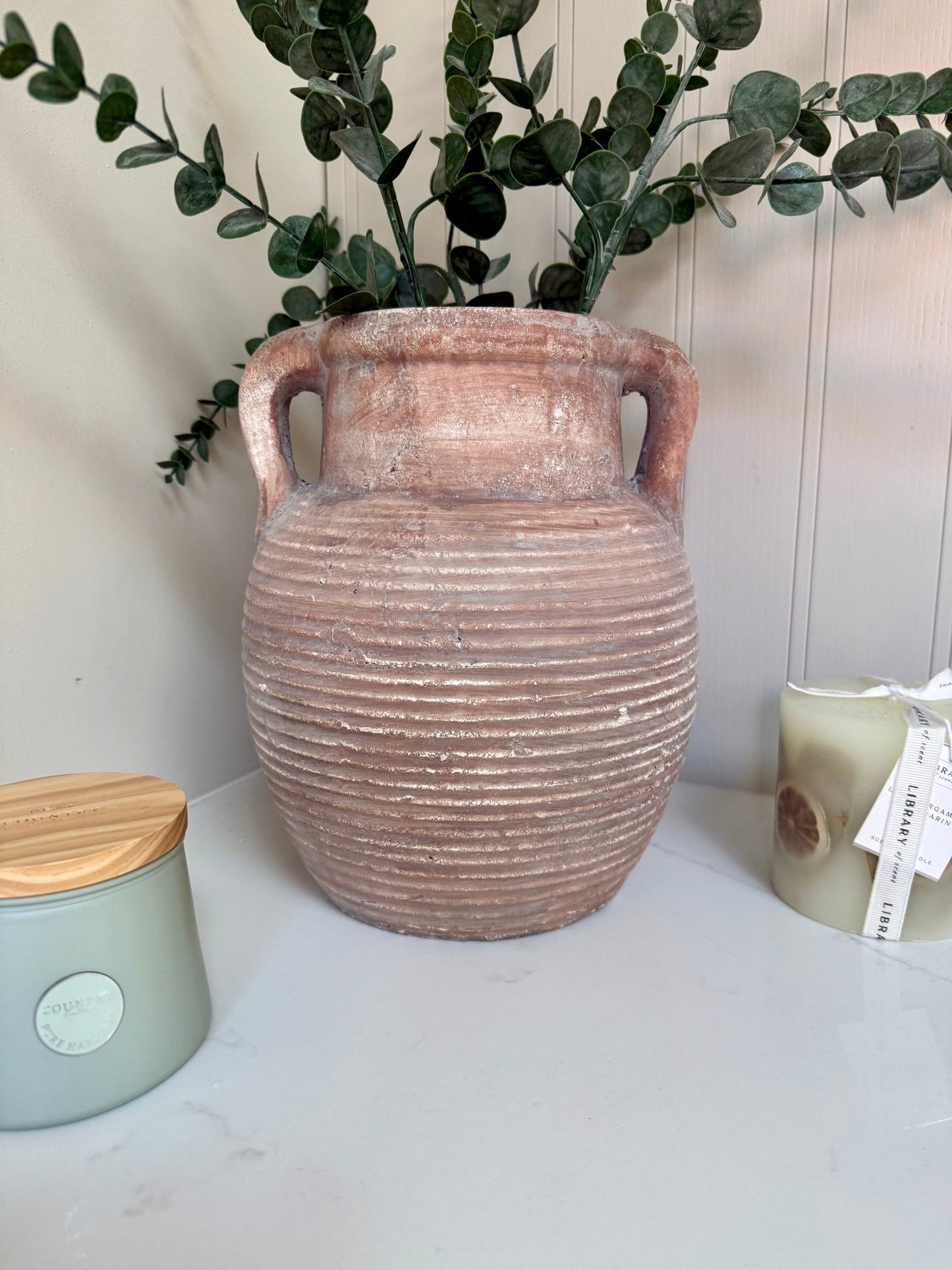 Athena Stone Amphora Terracotta Pot – Rustic Stone Effect Decorative Vase with Handles - NalaWillowCo