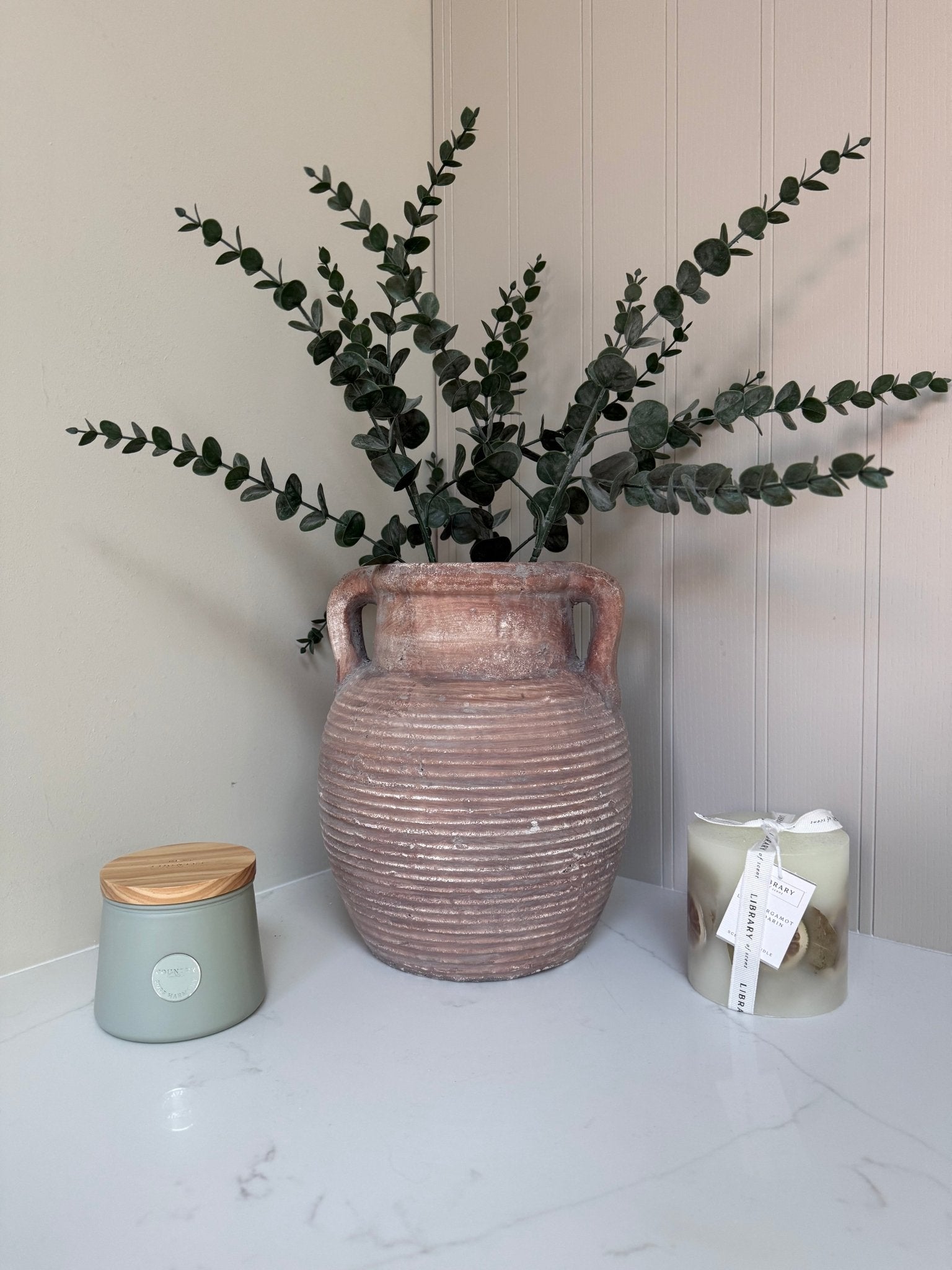 Athena Stone Amphora Terracotta Pot – Rustic Stone Effect Decorative Vase with Handles - NalaWillowCo