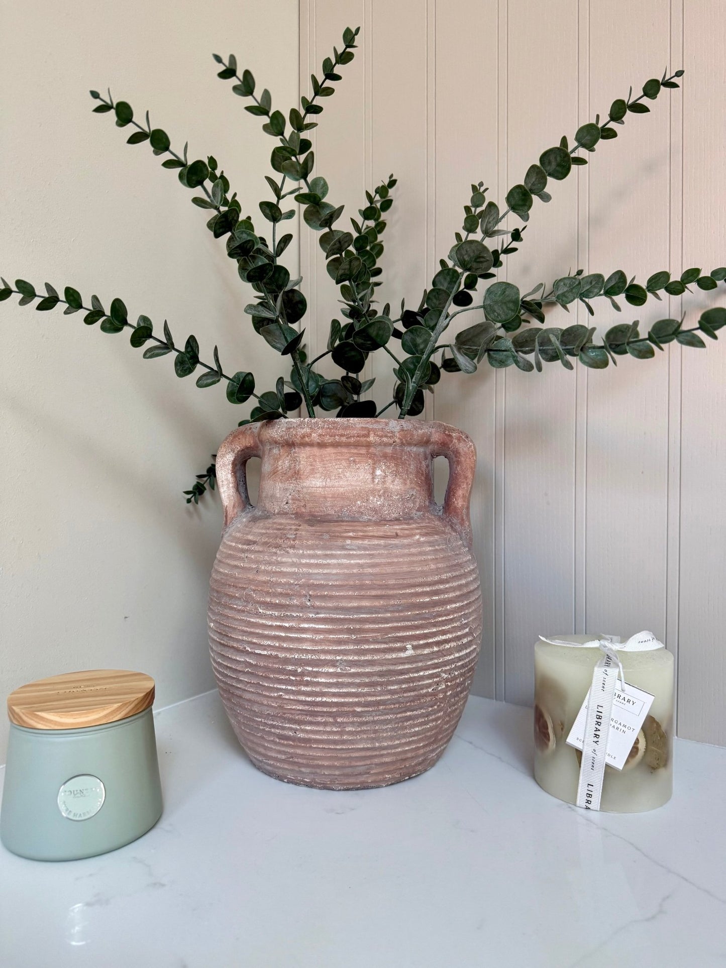 Athena Stone Amphora Terracotta Pot – Rustic Stone Effect Decorative Vase with Handles - NalaWillowCo