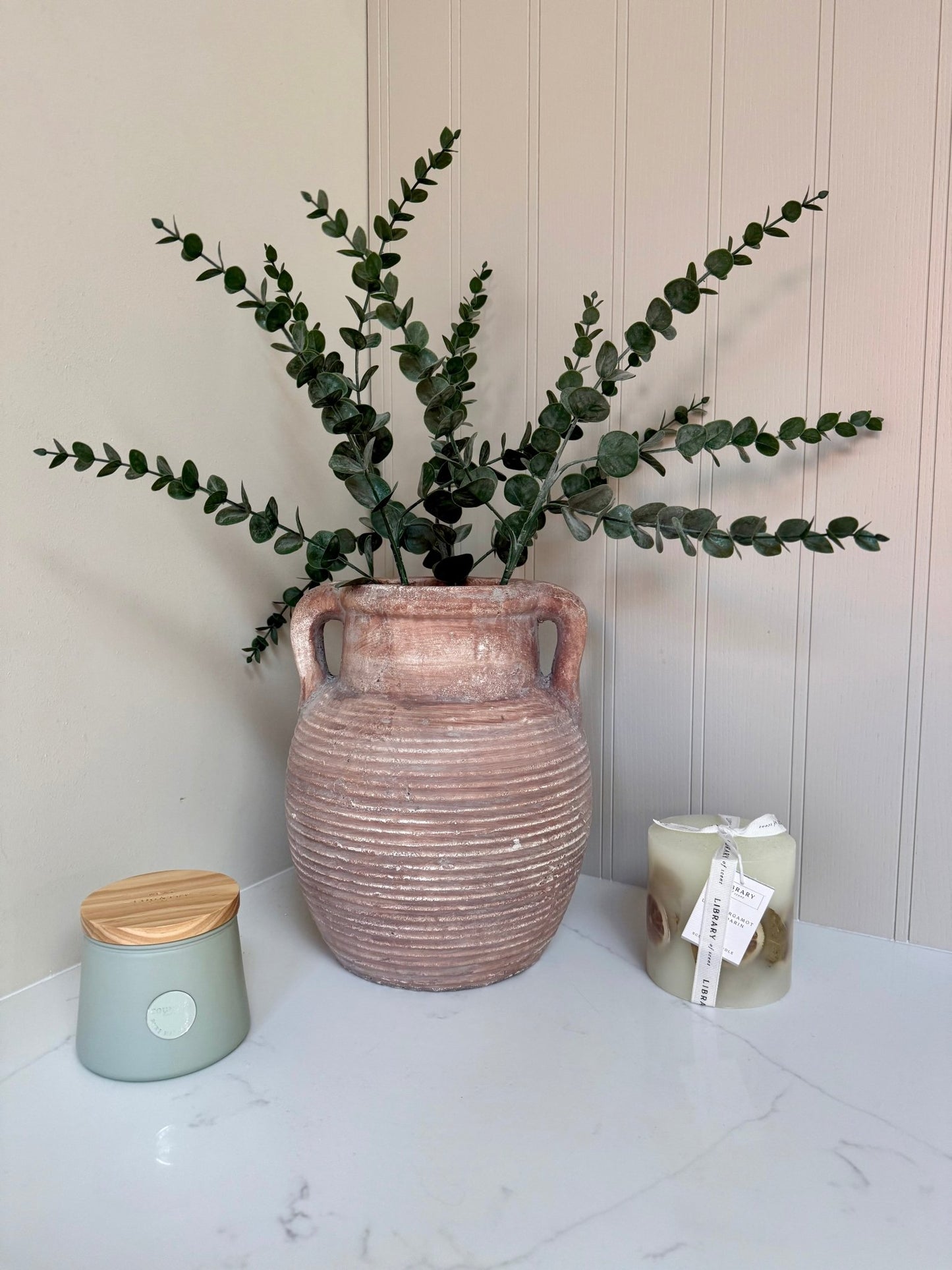 Athena Stone Amphora Terracotta Pot – Rustic Stone Effect Decorative Vase with Handles - NalaWillowCo
