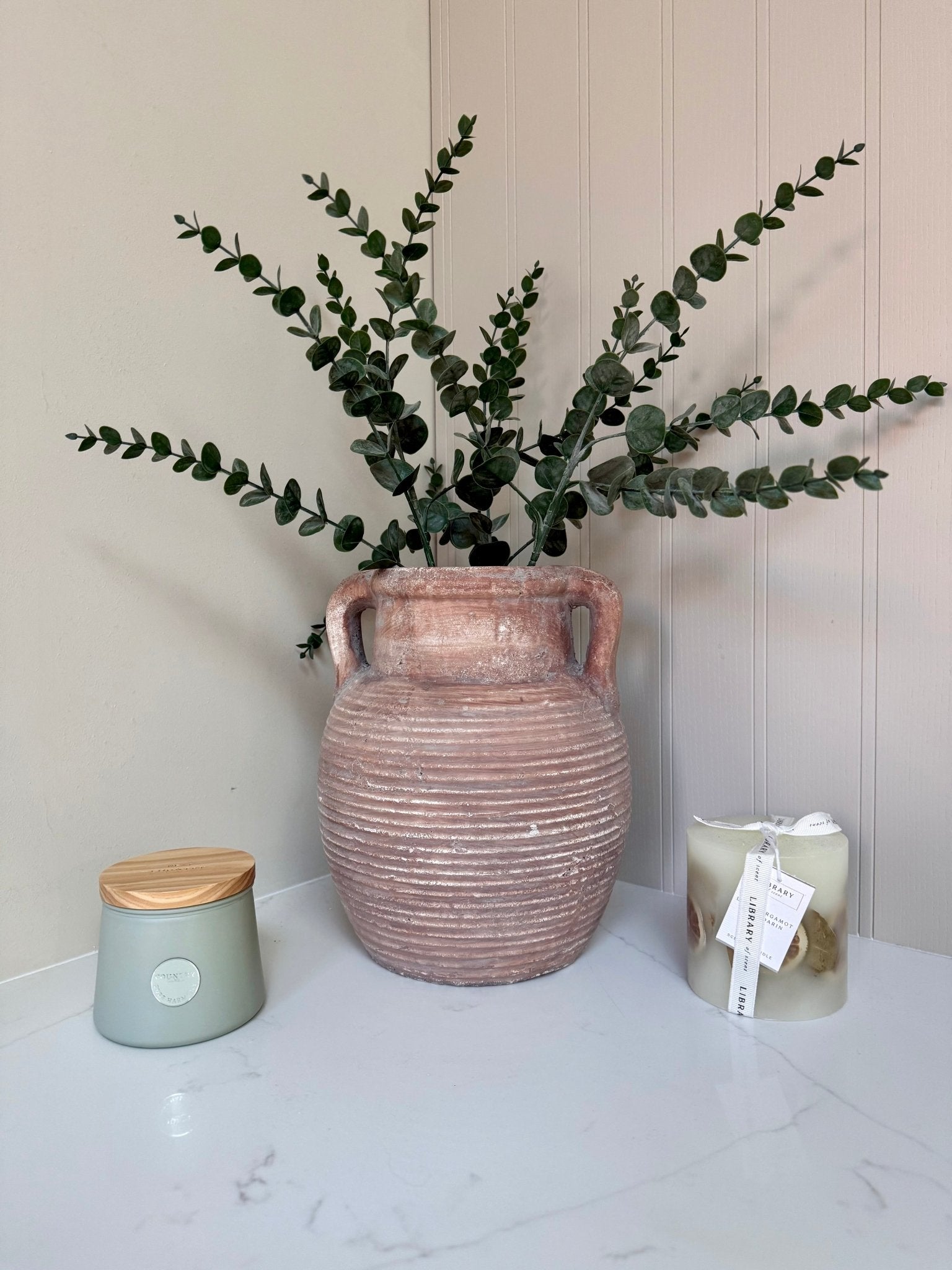 Athena Stone Amphora Terracotta Pot – Rustic Stone Effect Decorative Vase with Handles - NalaWillowCo