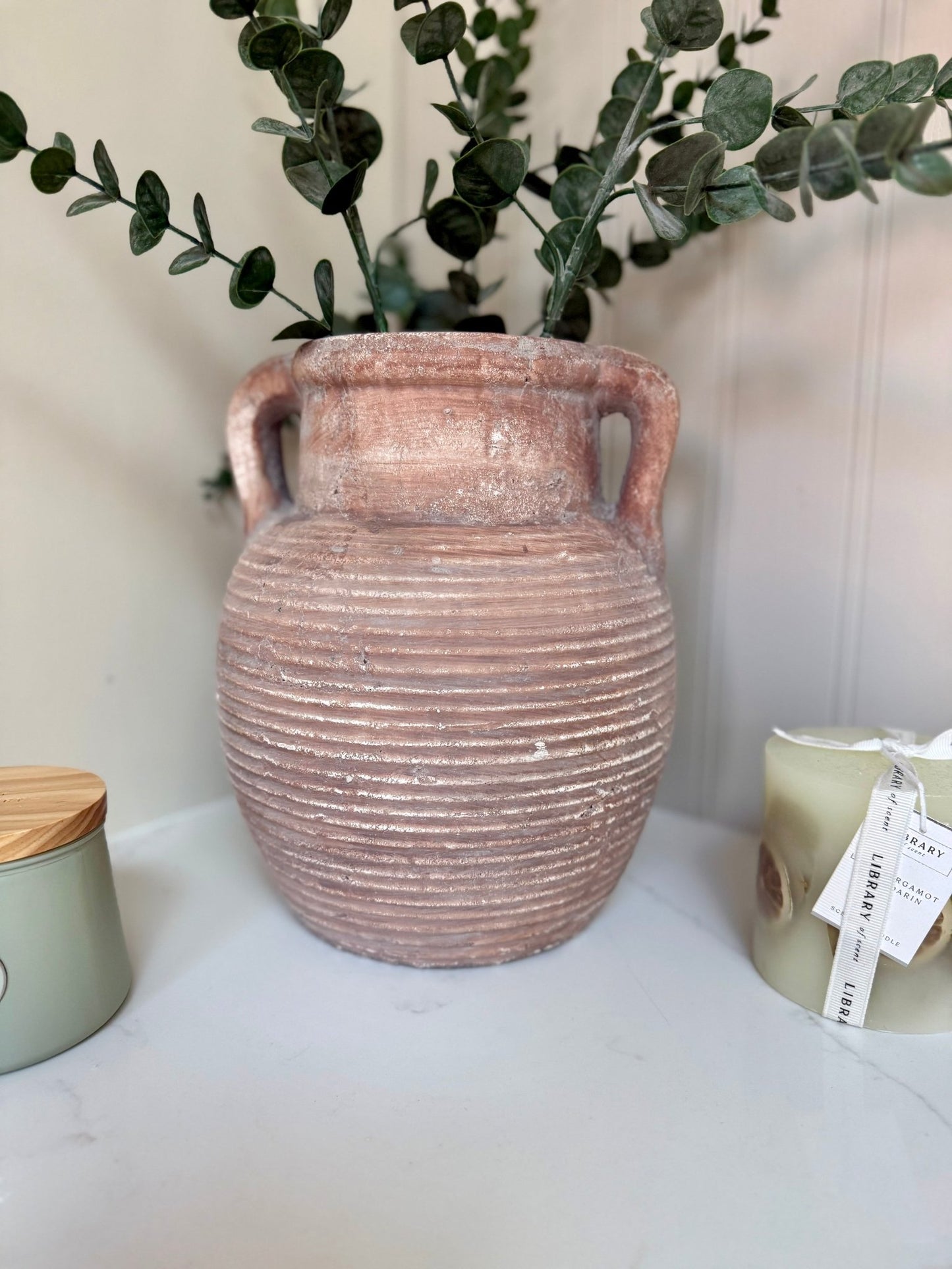 Athena Stone Amphora Terracotta Pot – Rustic Stone Effect Decorative Vase with Handles - NalaWillowCo
