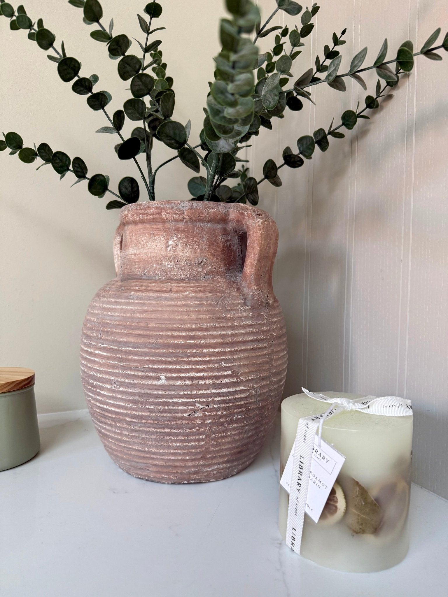 Athena Stone Amphora Terracotta Pot – Rustic Stone Effect Decorative Vase with Handles - NalaWillowCo