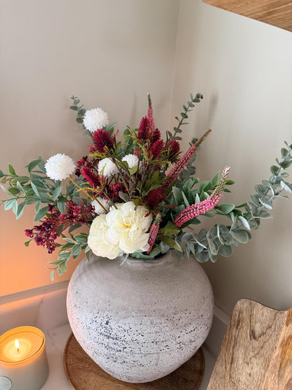 Aurora – Handmade Luxury Autumn Faux Burgundy Flower Cream Ranunculus Arrangement - NalaWillowCo