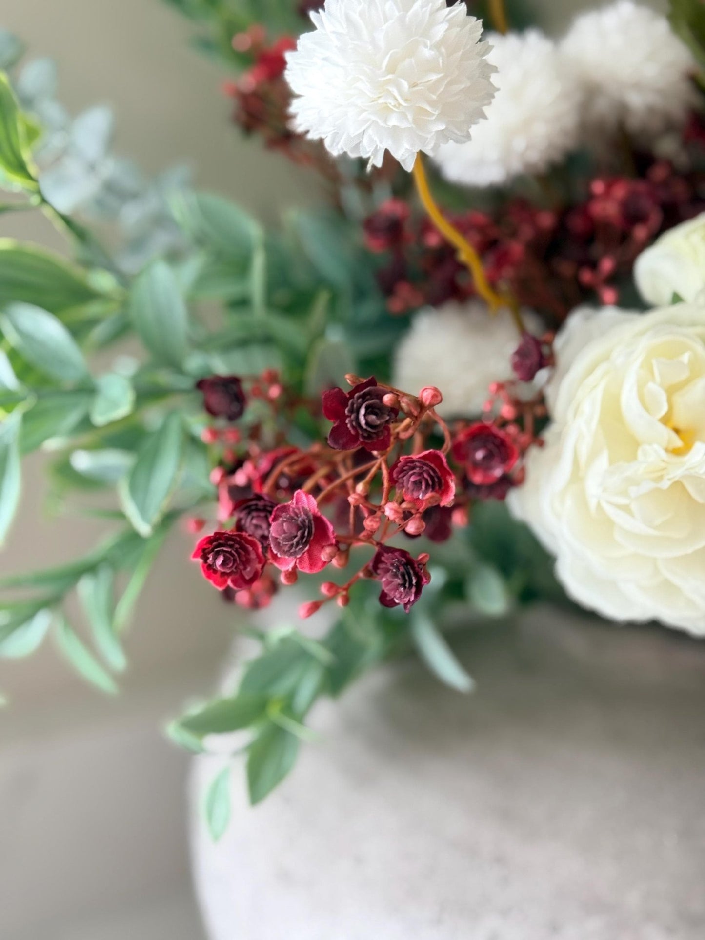 Aurora – Handmade Luxury Autumn Faux Burgundy Flower Cream Ranunculus Arrangement - NalaWillowCo