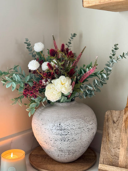 Aurora – Handmade Luxury Autumn Faux Burgundy Flower Cream Ranunculus Arrangement - NalaWillowCo