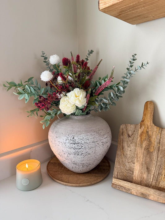 Aurora – Handmade Luxury Autumn Faux Burgundy Flower Cream Ranunculus Arrangement - NalaWillowCo